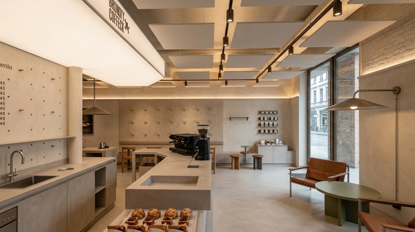An incredibly lifelike, richly detailed, photorealistic interior shot of a minimalist boutique coffee shop set in a refined urban streetscape. The scene is illuminated by concealed warm cove lighting, delicate ceiling track spotlights, and the soft, expansive diffusion of a dramatic floating overhead light box canopy, creating a serene, sophisticated, and elevated atmosphere. Captured with a professional 24mm wide-angle architectural lens, emphasizing the hand-troweled off-white limewash plaster walls, smooth microcement countertops, and soft-touch matte finishes. Echoing the luxurious, tailored aesthetic of Aimé Leon Dore and Watchhouse, the traditional dark wood paneling is seamlessly replaced with seamless, warm-toned textured plaster, unifying the space in a cohesive tone-on-tone palette. A polished matte black espresso machine sits atop the sweeping minimalist service counter, anchored by an inviting glass pastry display showcasing meticulously detailed pastries. In the foreground, rich saddle leather lounge chairs and a olive-green round table provide a tailored mid-century touch, balancing the understated industrial geometric ceiling panels and soft microcement flooring to form a quintessential modern coffee haven.