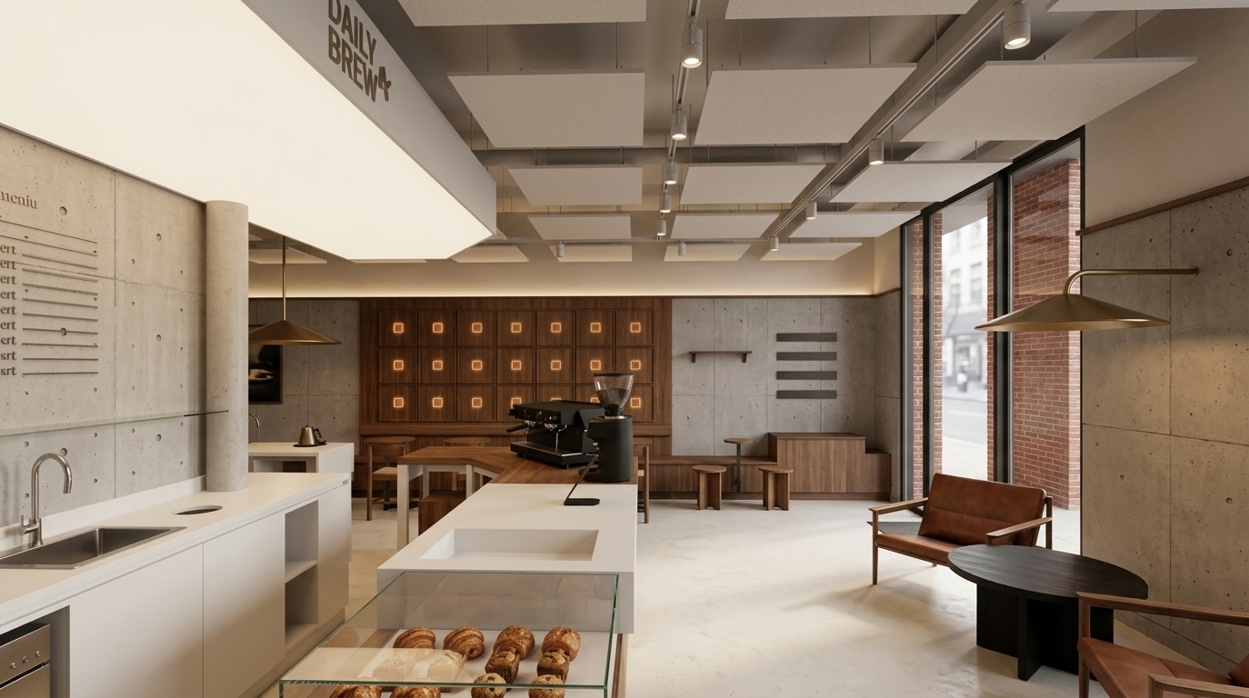An incredibly lifelike, richly detailed, photorealistic interior photo of a minimalist haven coffee shop set in a modern urban building. The scene is illuminated by soft, warm ambient light emitting from a prominent suspended overhead light box, concealed ceiling coves, and track spotlights, balanced by gentle natural daylight filtering through the floor-to-ceiling glass entrance, creating a serene, inviting atmosphere. Captured with a professional 24mm wide-angle architectural lens, emphasizing tactile natural materials with timeless aesthetics, the composition highlights smooth cast-concrete wall panels with subtle tie-rod details, warm walnut wood wall cladding, and seamless off-white micro-cement flooring. The central focal point is a sleek, L-shaped solid-surface service counter featuring a glass display filled with artisanal pastries, a matte black professional espresso machine, and precision brewing equipment. Floating square acoustic ceiling panels add structural rhythm overhead, while a cozy seating area in the foreground features mid-century brown leather armchairs and a dark circular table, perfectly balancing Scandinavian functionality with tranquil, modern design principles.