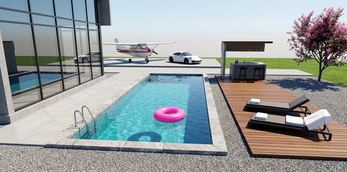 An incredibly lifelike, richly detailed, photorealistic landscape photo of a luxury outdoor pool area set in an expansive, minimalist haven. The scene is illuminated by bright, direct midday summer sunlight casting clean, sharp shadows, creating a serene, high-end atmosphere. Captured with a wide-angle 24mm lens on a full-frame camera, emphasizing shimmering turquoise water inside the sleek rectangular pool, the vibrant pop of a bright pink inflatable ring floating calmly, and the natural grain of rich dark teak wood decking. Resting on the deck are two minimalist sun loungers topped with crisp white towels, positioned beside an open-air bar island sheltered by a stylish wooden overhang. A vibrant pink blossom tree provides a striking pop of natural color on the manicured green lawn. To the left, the floor-to-ceiling glass curtain walls of a modern architectural home reflect the scene, while the background showcases a white sports car and a classic white-and-red light propeller airplane neatly parked on dedicated concrete aprons.