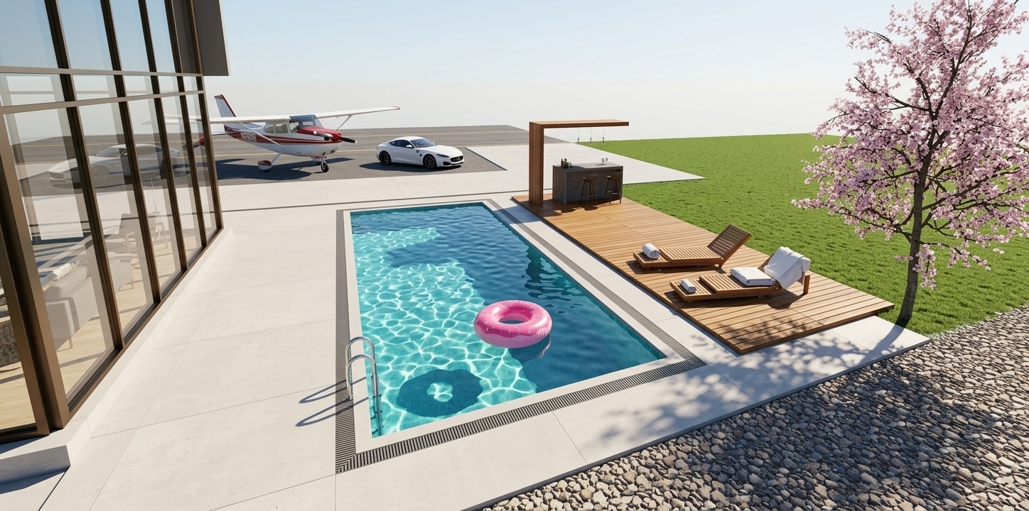 An incredibly lifelike, richly detailed, photorealistic landscape photo of a luxurious outdoor pool area set in a modern private estate during peak summer. The scene is illuminated by brilliant midday sunlight casting sharp, clean shadows and shimmering turquoise water caustics, creating an upscale, sun-drenched, and serene atmosphere filled with a refreshing coastal breeze. Captured with a 24mm f/8 full-frame lens, emphasizing the rich natural grain of the teak wood deck, smooth concrete patio, delicate pink petals of a blooming cherry blossom tree, and glossy metal finishes on the background vehicles. 

To the left, a modern glass-walled villa frames the scene, overlooking a pristine rectangular swimming pool with a vibrant pink inflatable ring drifting in the center. Beside the pool, the warm teak deck hosts sleek lounger chairs with rolled white towels and an open-air modern wooden bar with tall barstools. Further back across the manicured green lawn, a white sports car and a red-and-white light propeller aircraft sit parked on a private tarmac, seamlessly blending high-end transportation with sophisticated outdoor living.