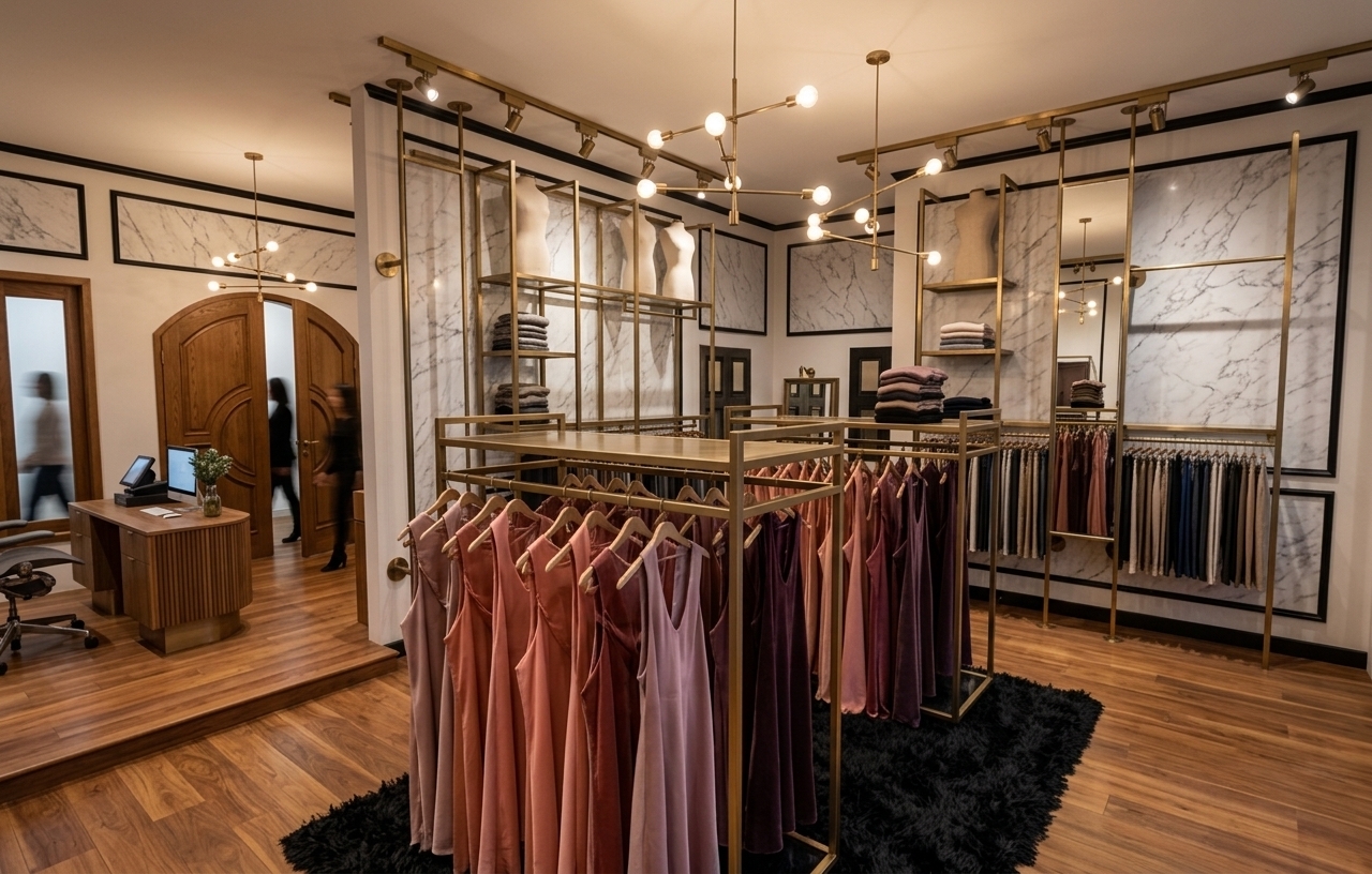 An incredibly lifelike, richly detailed, photorealistic wide-angle interior photograph of a luxury boutique clothing store set in an exclusive high-end fashion sanctuary. The scene is illuminated by warm, ambient track lighting and the soft, radiant glow from modern brass branch chandeliers, creating a chic, intimate, and sophisticated atmosphere. Captured with a professional 24mm architectural wide-angle lens, emphasizing the brushed luster of warm brass hardware, the intricate grey veining of polished white Calacatta marble wall panels, and the soft, tactile drapes of premium garments.

In the foreground, floor-standing satin-gold racks anchored over a plush black shag rug display rows of elegant dusty-pink, salmon, and deep plum dresses, showcasing realistic fabric folds and natural light falloff. To the sides, floor-to-ceiling brass display structures host tailored dress forms, neatly stacked knits, and a sleek full-length mirror integrated into marble-clad wall alcoves framed by refined black trim. To the left, a raised wood-plank floor area houses a custom fluted wooden reception desk with an integrated workstation, positioned near grand arched oak double doors. Elegant, subtly motion-blurred silhouettes of shoppers gracefully pass through the store, adding dynamic vitality and lived-in authenticity while preserving clear focus on every exquisite architectural detail, material finish, and balanced shadow.