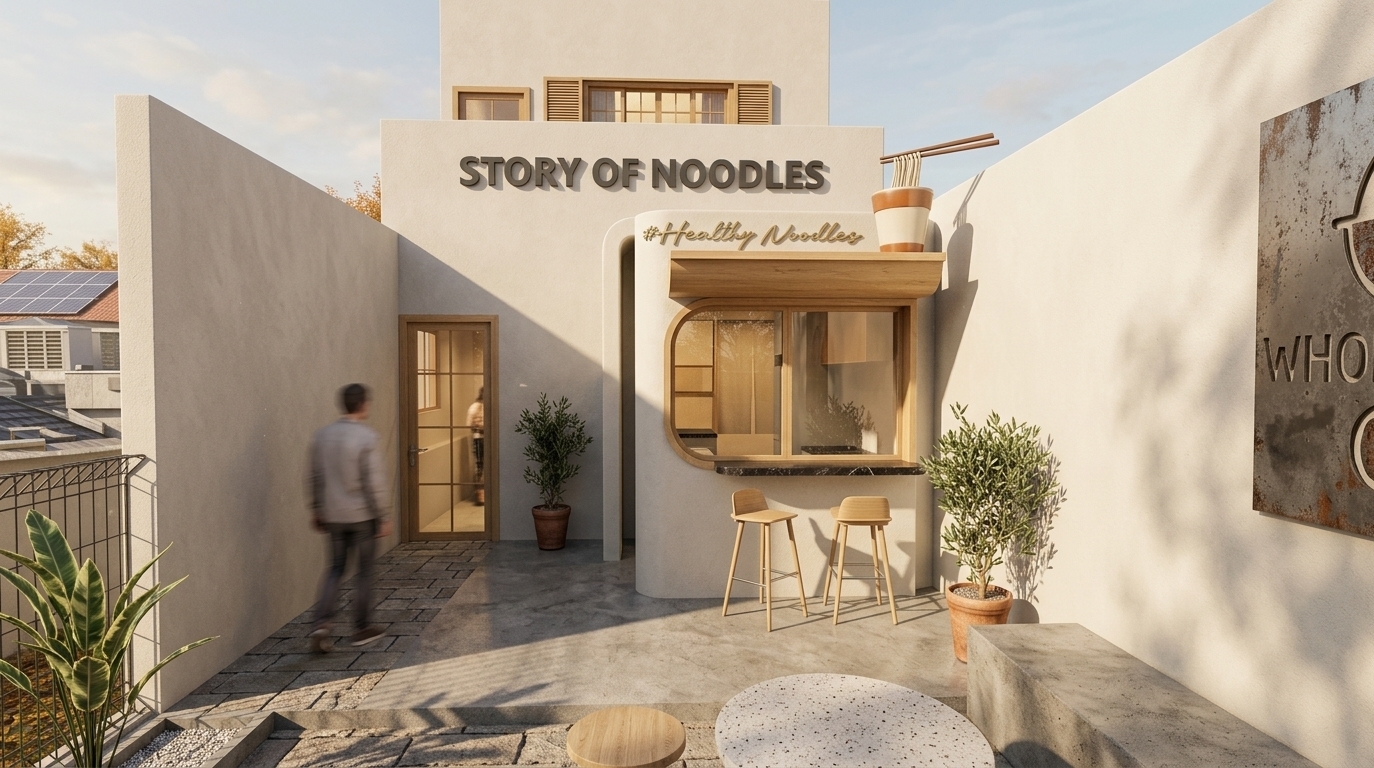 An incredibly lifelike, richly detailed, photorealistic eye-level architectural photo of a modern Japanese Zen-inspired noodle café terrace set in an intimate urban courtyard during late autumn. The scene is illuminated by warm, low-slung midday sunlight casting long, crisp, natural shadows across textured surfaces, creating a serene, inviting atmosphere. Captured with a professional 35mm architectural wide-angle lens, emphasizing the fine, tactile grain of smooth off-white stucco walls, organic light-oak timber framing, and polished concrete finishes. 

The central structure features a clean white exterior facade accented by a glass-paneled wooden door and an open order counter framed in smooth, rounded light wood with two minimalist bar stools positioned beneath. Above the wooden canopy sits a whimsical three-dimensional noodle cup sign with chopsticks, positioned under bold dimensional signage reading "STORY OF NOODLES" and an elegant cursive "#Healthy Noodles" emblem. In the paved foreground, low terrazzo tables, a sleek concrete bench, and lush potted olive plants in stoneware planters frame the outdoor seating area. Faintly motion-blurred passersby walk naturally through the courtyard, adding realistic scale and life to the space without obstructing any architectural details, while physically accurate light bounces, subtle glass reflections on the upper framed windows, and soft ambient occlusion complete the pristine V-Ray quality visualization.