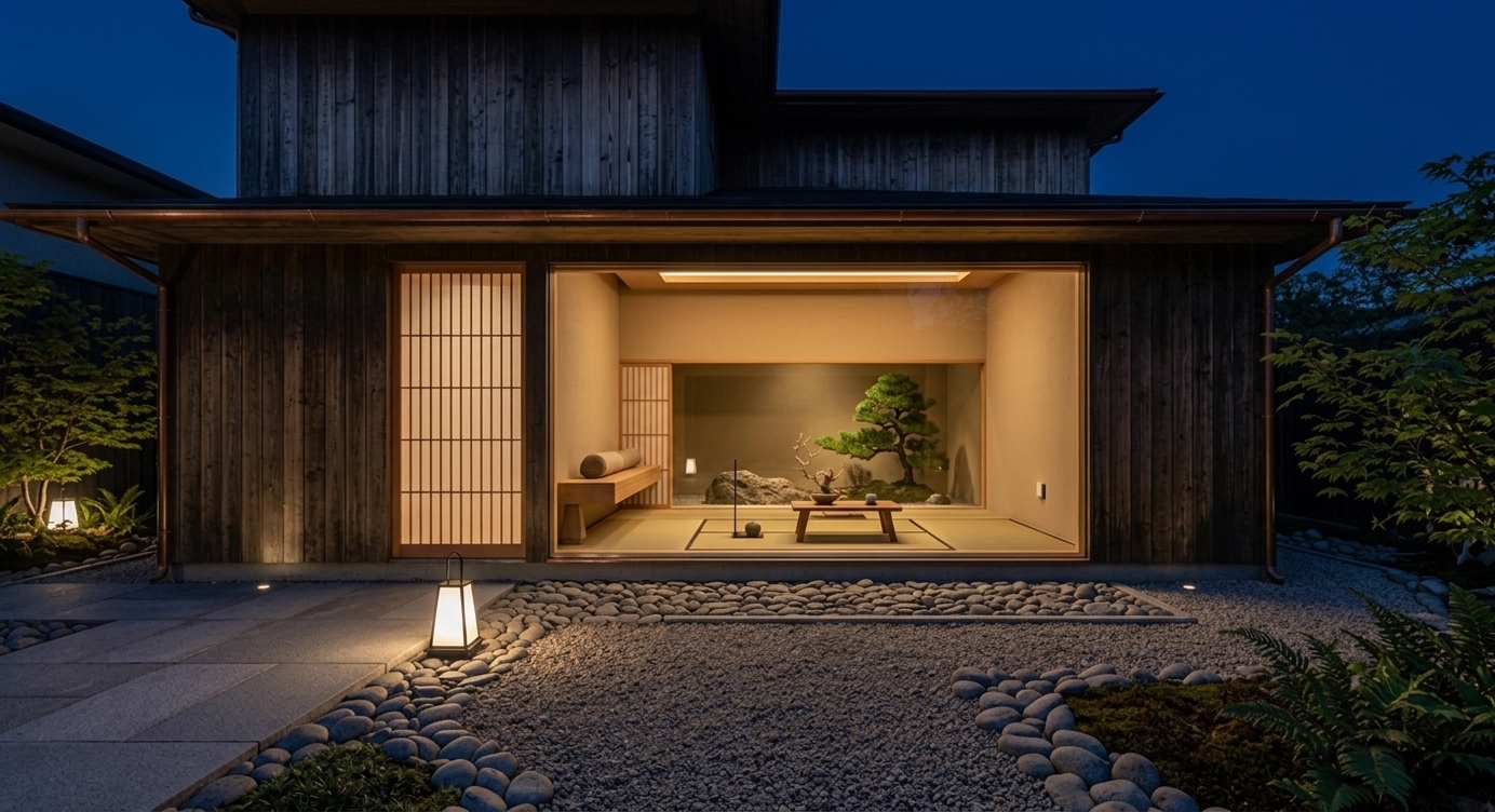 An incredibly lifelike, richly detailed, photorealistic eye-level exterior architectural photo of a modern Japanese Zen residence set in a serene outdoor garden during a calm spring night. The scene is illuminated by warm interior light glowing softly through translucent shoji screens and an expansive glass facade, complemented by subtle low-voltage ground lanterns, creating a tranquil, harmonious, and deeply meditative wabi-sabi atmosphere. Captured with a sharp 35mm architectural lens, emphasizing the rich textures of dark vertical wood siding, smooth stone paving, rounded river pebbles, and fine gravel pathways. Through the floor-to-ceiling window, a clutter-free, minimalist interior showcases authentic tatami flooring, low wooden tea furniture, and an inner glass alcove framing a beautifully sculpted indoor pine bonsai tree. The composition balances deep indigo night skies and dark exterior accents with warm amber glows and subtle natural greens from surrounding spring foliage, evoking the refined aesthetic of a high-end architectural photography book.