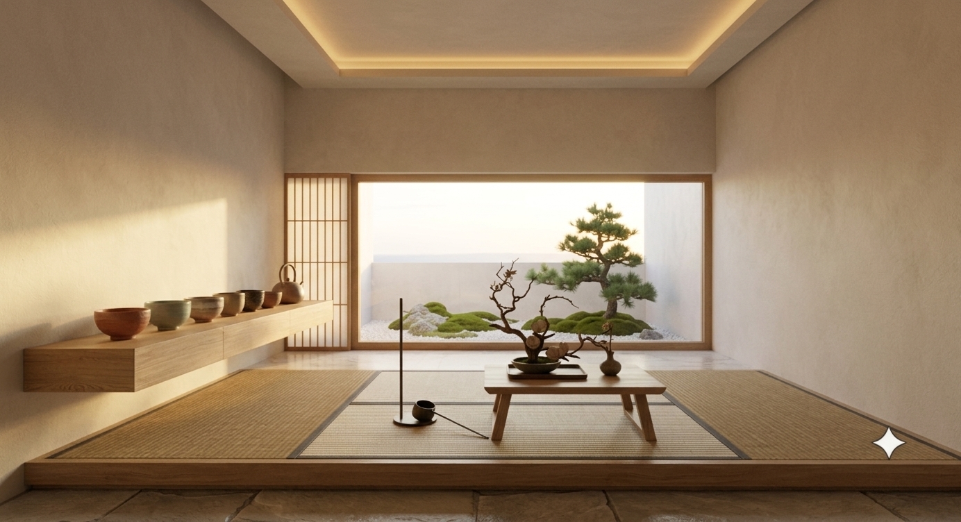 An incredibly lifelike, richly detailed, photorealistic wide-angle interior photograph of a traditional Japanese zen dining and tea room set in a serene private sanctuary during late spring. The scene is illuminated by warm, indirect cove lighting embedded within the tray ceiling and the soft, golden diffuse glow of sunset, creating a profoundly tranquil, balanced, and wabi-sabi atmosphere. Captured with a professional 35mm architectural lens, emphasizing tactile limewash plaster walls, woven tatami mat fibers, polished light stone flooring, and rich wood grain, the space exemplifies minimalist, uncluttered elegance. An elevated platform features traditional woven tatami flooring arranged around a low dark-wood table set with a subtle ikebana arrangement and delicate tea utensils. To the left, a thick floating wooden shelf displays a curated row of artisan ceramic chawan bowls in muted earth tones. At the far end, a traditional wooden-frame shoji screen sits adjacent to a low, panoramic picture window framing a serene, sunlit micro-courtyard garden complete with a sculpted pine tree, lush moss-covered mounds, and finely raked white gravel, perfectly encapsulating a sense of quiet harmony and natural beauty.