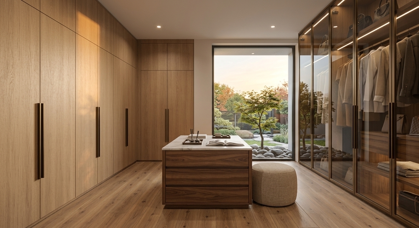 An incredibly lifelike, richly detailed, photorealistic interior photo of a Japanese Zen-inspired walk-in closet set in a modern, serene autumn residence. The scene is illuminated by the soft, warm golden glow of a setting sun filtering through a central lightwell atrium, paired with subtle, integrated ceiling LEDs and backlit glass displays, creating a tranquil, calm, and balanced atmosphere. Captured with a 24mm architectural lens, emphasizing natural light oak wood grain, bronze-framed glass partitions, smooth white marble surfaces, and woven linen textures. Floor-to-ceiling light oak wardrobes with long, dark minimalist handles line the left wall, seamlessly balancing the illuminated glass-front wardrobe on the right that showcases neatly arranged garments, handbags, and tailored coats. At the center of the space, a low wooden island features rich walnut drawers topped with polished marble, accommodating a open photography book and minimal Japanese decor accessories next to a soft, rounded ottoman pouf. Frame-less glass at the far end reveals an indoor garden with a delicate Japanese maple tree rooted in smooth river stones, enveloping the clutter-free room in an authentic wabi-sabi aesthetic defined by harmonious shades of neutrals, quiet blacks, and natural greens.
