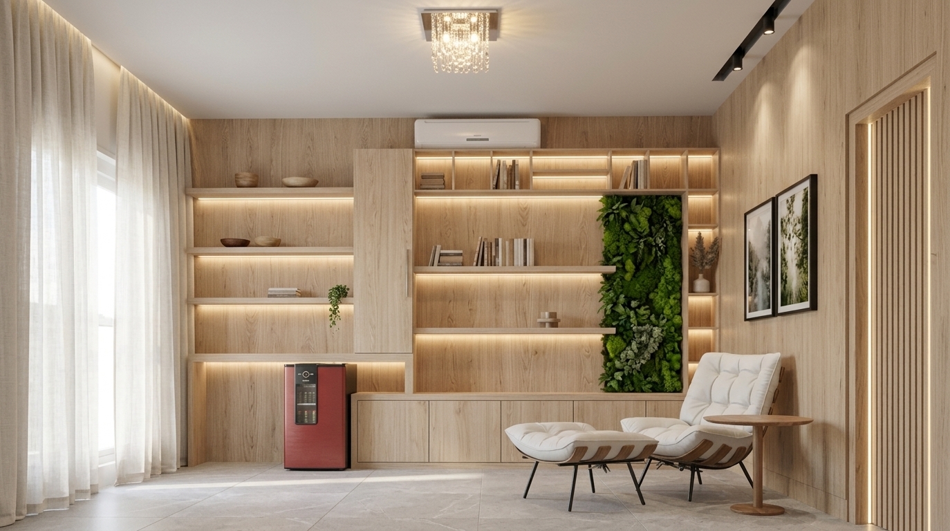An incredibly lifelike, richly detailed, photorealistic wide-angle interior photo of a Scandinavian sanctuary study room set in a tranquil contemporary residence. The scene is illuminated by warm LED accent strip lighting concealed beneath floating shelves and a central crystal chandelier, complemented by soft natural daylight filtering through floor-to-ceiling sheer linen curtains, creating a serene, bright, and airy atmosphere. Captured with a professional 35mm architectural lens, emphasizing the organic grain of light wood wall paneling, plush white tufted textiles, and vibrant vertical greenery. The focal wall features custom-designed pale wood built-in shelving neatly arranged with curated photography books, minimalist decor, and a vertical living moss wall that brings subtle nature inside. In the corner, an iconic white tufted lounge chair with a matching ottoman and a slender wooden side table form an inviting, hygge-inspired reading nook. To the right, delicate nature-inspired framed wall art rests against the textured wooden feature wall, harmonizing effortlessly with the room's peaceful palette of muted whites, soft grays, and natural wood tones.