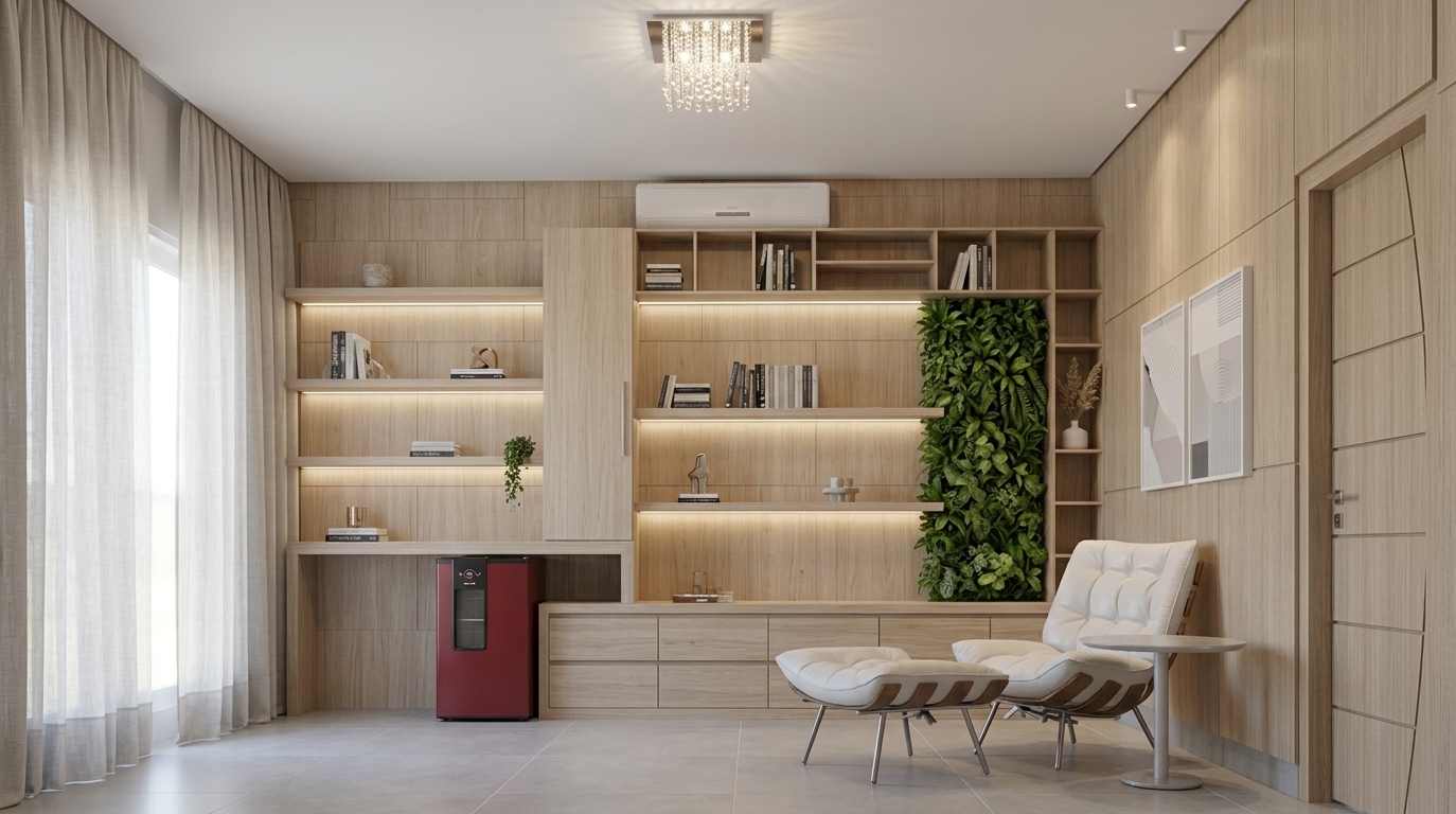 An incredibly lifelike, richly detailed, photorealistic wide-angle interior photo of a study room set in a sophisticated modern residence designed as a minimalist haven. The scene is illuminated by soft ambient light from hidden LED strip accents, a sparkling crystal ceiling fixture, and gentle natural light filtering through sheer floor-to-ceiling drapes, creating a serene, uncluttered, and zen-inspired atmosphere. Captured with a professional 24mm architectural lens, emphasizing the tactile textures of light wood wall paneling, smooth tufted upholstery, and a lush vertical indoor plant wall. The functional, streamlined space features sleek metal and wooden furniture, including an elegant white tufted lounge chair with a matching ottoman alongside a slender side table. Clutter-free surfaces and open shelves display curated photography books, simple abstract wall art framed in shades of white, gray, and subtle pastels, and minimal decor, perfectly balanced by a compact red mini-fridge that adds a refined pop of color to the modern layout.