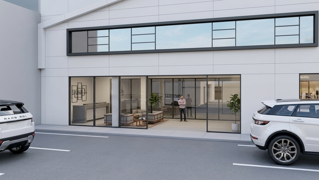 An incredibly lifelike, richly detailed, photorealistic wide-angle exterior architectural photo of a modern luxury automotive showroom and workshop entrance set in a refined urban environment. The scene is illuminated by soft, diffused daylight, creating a serene, uncluttered, and tranquil atmosphere. Captured with a professional 35mm architectural lens, emphasizing the crisp geometry of matte white composite panels, dark powder-coated framing, and the pristine gloss of glass and automotive paint. Parked neatly on the smooth gray asphalt in the foreground, two sleek white luxury SUVs showcase realistic reflections along their sculpted side panels. The exterior facade balances shades of crisp white, dark charcoal, and subtle pastel tones, framed above by a long continuous window ribbon that mirrors the sky. Through the floor-to-ceiling glass entrance, an inviting interior unfolds as a minimalist haven featuring a streamlined reception desk, abstract wall art, elegant metal and wooden furniture, Zen-inspired lounge seating, a neatly placed photography book on a low coffee table, and a subtle potted indoor plant, perfectly capturing a functional, monochromatic design.