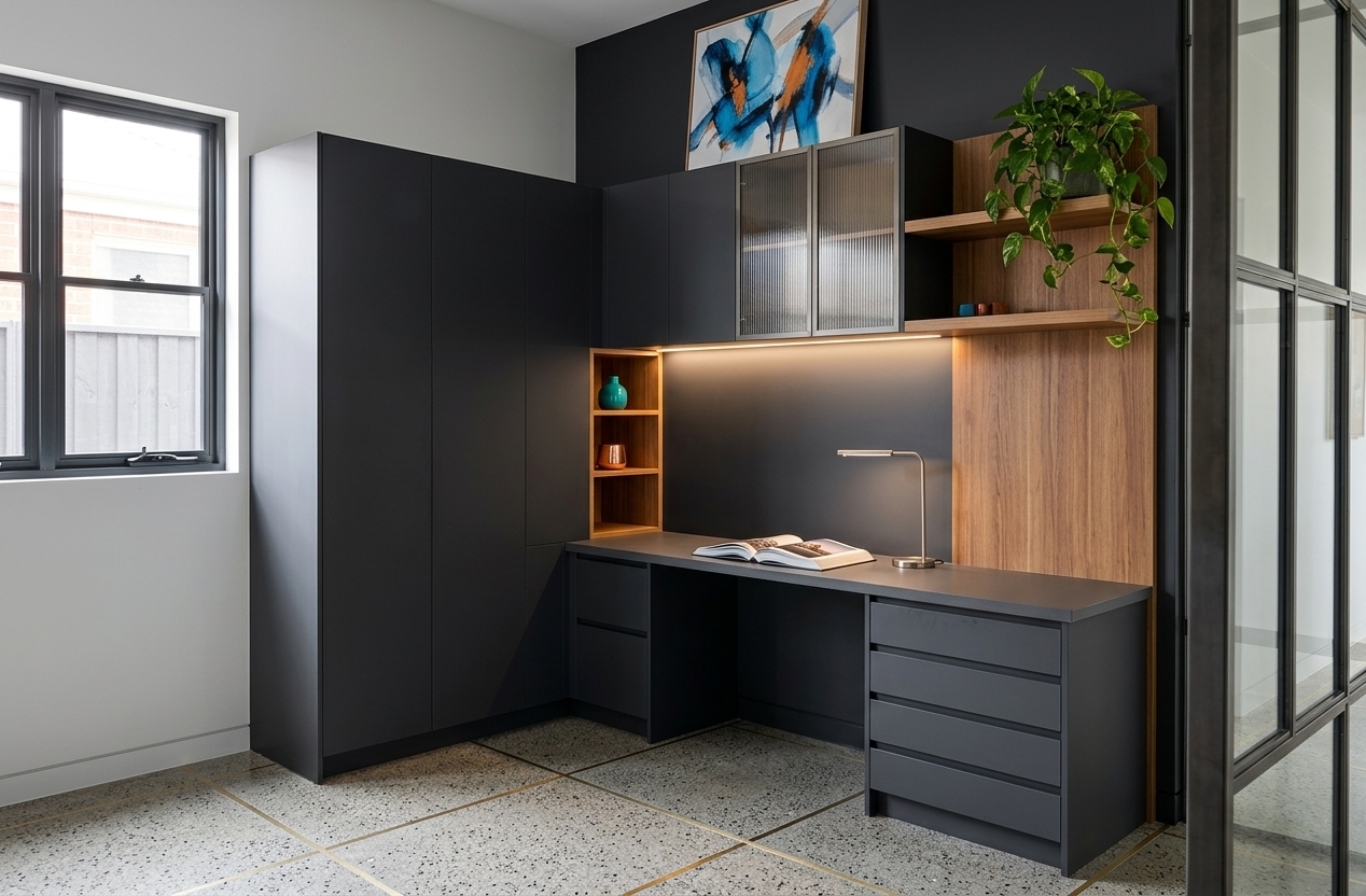 An incredibly lifelike, richly detailed, photorealistic wide-angle interior photograph of a modern fusion study room set in a contemporary urban residence. The scene is illuminated by soft, natural daylight streaming through the adjacent window combined with ambient under-cabinet warm LED lighting, creating a sleek, energetic, and focused atmosphere. Captured with a professional 35mm lens, emphasizing the striking interplay between smooth matte charcoal cabinetry, polished floors, and rich vertical wooden accent paneling.

This sophisticated workspace highlights clean geometric lines and an industrial-inspired modular layout. The L-shaped workstation features seamless dark grey cabinets seamlessly paired with warm oak cubbies and open floating shelves. Atop the smooth composite desk surface, minimal yet impactful decor is carefully curated: a thick open photography book, a minimalist metallic lamp, and vibrant accent accessories that provide bold pops of color. A lush green potted plant spills softly over the wooden shelving, injecting life into the urban black-and-white color palette, while an abstract art piece adds dynamic artistic depth to the back wall.