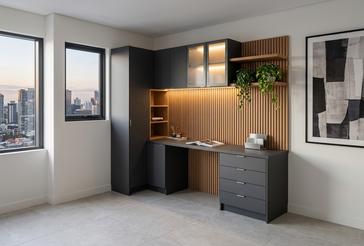 An incredibly lifelike, richly detailed, photorealistic wide-angle interior perspective shot of a modern fusion home study room set in a sophisticated urban apartment. The scene is illuminated by soft, natural daylight streaming through the side window paired with warm integrated LED cabinet lighting, creating a sleek, dynamic, and productive atmosphere. Captured with a 35mm architectural lens, emphasizing matte charcoal millwork, smooth wood textures, metallic hardware, and seamless stone flooring, the customized modular workstation pairs clean geometric lines with functional elegance. The setup features rich charcoal gray cabinetry and smooth desk surfaces, complemented by warm natural wood vertical slats and frosted glass-front upper cabinets. Minimal yet impactful decor brings the space to life—a large framed abstract wall art piece adorns the wall, while a curated photography book and sleek metallic desk organizers rest atop the workspace. Vibrant green houseplants cascade softly from the open oak shelving unit, introducing a refreshing touch of nature that effortlessly balances the bold, contemporary black-and-white color palette.