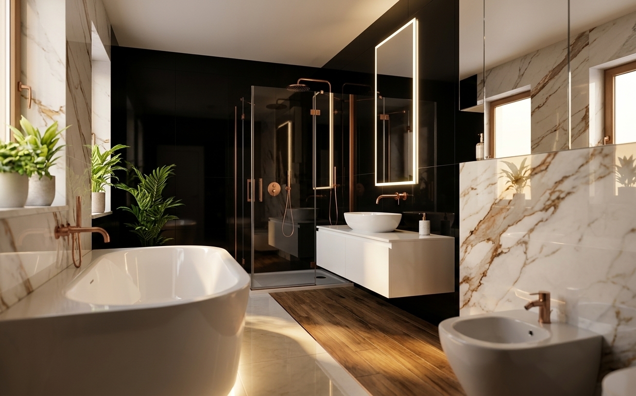 An incredibly lifelike, richly detailed, photorealistic wide-angle interior photo of an opulent hotel bathroom set in a high-end luxury suite. The scene is illuminated by the gentle, golden-hued glow of an early morning sunrise streaming through a framed window, creating a serene, tranquil, and glamorous atmosphere. Captured with a full-frame camera equipped with a 24mm architectural lens, emphasizing polished stone veins, metallic rose-gold fixtures, and sophisticated material interplay...

The interior embraces a refined Art Deco glamour aesthetic, meticulously combining dark drama with warm elegance. Above the floating white vanity unit and stretching precisely across the width of the sculptural freestanding bathtub, dramatic polished black porcelain tiles line the walls, providing a striking high-contrast backdrop. Mounted against this deep charcoal-black accent wall are sleek, tall vertical mirrors surrounded by soft, integrated LED halo lighting that accentuates the room's height and vertical proportions.

Inside the glass-enclosed walk-in shower cabin, the walls and floor are wrapped in luxurious white stone-effect porcelain stoneware (*gres*), dynamic with bold, shimmering copper and bronze veins that catch the low morning sun. Brushed copper fixtures—including a tall rain shower head and refined controls—echo the warm tone of the tile veining.

The flooring features a smart geometric split: rich, warm wood-effect porcelain planks cover precisely one-third of the floor space to zone the vanity area, while the remaining two-thirds surrounding the tub transition seamlessly into large-format, glossy light ceramic tiles that reflect the golden sunlight. Fresh green potted plants sit near the window sill, catching the morning light beams and adding a touch of organic vitality to this ultra-luxurious spa retreat.