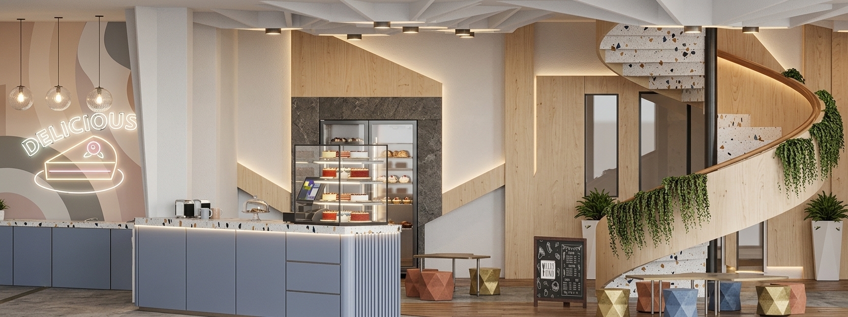 A professional eye-level wide-angle architectural photograph capturing this modern cafe interior with immaculate realism, maintaining the exact layout, geometry, and composition of the scene. The lighting creates a cozy, inviting atmosphere: a warm LED strip light glows softly beneath the slate-blue service counter, while bright, crisp internal LED illumination inside the glass display fridge highlights the detailed textures of colorful cakes and pastries, casting delicate reflections on the clean glass panels. The DELICIOUS graphic on the far left wall shines with a realistic neon tube glow, complemented by the soft, warm ambient light from the hanging glass orb pendants and discreet ceiling downlights. Textures are deeply enhanced with authentic material physics, showing realistic grain on the light birch wood wall paneling, rich multicolored stone chips embedded in the polished terrazzo counter top and spiral staircase, smooth matte painted cabinetry, and lush, organic dark-green trailing plants draped along the curved spiral stair structure. The shot exhibits natural optical depth, real glass refractions, subtle specular highlights, and a soft warm atmosphere, making the scene feel completely grounded and physically photographed.