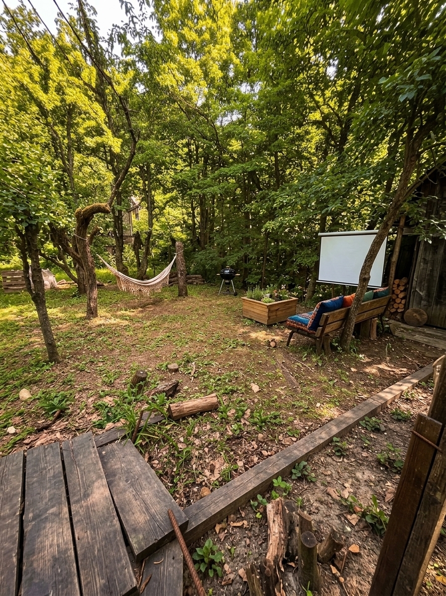 An incredibly lifelike, richly detailed, photorealistic landscape photo of a transformed rustic garden set in a lush mountain escape surrounded by dense, leafy trees. The scene is illuminated by warm, dappled midday sunlight filtering through the high canopy, creating a cozy, inviting atmosphere. Captured with a wide-angle 24mm lens, emphasizing the rich grain of dark wooden decking, soft vibrant cushion textiles, and the rugged bark of preserved central trees. In the foreground, a warm-toned wooden deck seamlessly extends the living space outdoors. To the right, a spacious sofa crafted from wooden pallets is fitted with vibrant, plush cushions, positioned opposite a crisp outdoor projector screen for open-air movie nights. In the heart of the lawn, a comfortable woven hammock is suspended between the preserved central trees, while further back near the woods, a neat barbecue area with a sleek, quick-release grill completes this idyllic outdoor retreat.