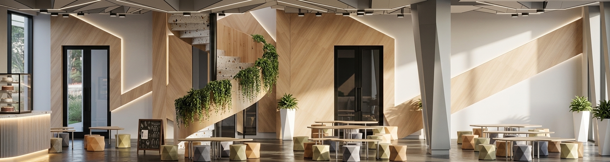 A high-end architectural photograph of the modern interior space, precisely maintaining the exact wide straight-on camera angle, structural geometry, furniture layout, and color palette from the original image. The light wood wall paneling is rendered with realistic, fine timber grain textures and a soft satin finish. Warm, natural sunlight streams into the space from a side angle, creating realistic soft-edged directional shadows across the dark floor and highlighting the dynamic angular wall geometries. Lush, vibrant trailing green foliage cascades along the curved light-wood spiral staircase, revealing detailed terrazzo steps speckled with natural marble aggregate. Underneath the front counter on the far left, a soft warm LED strip light emits a subtle downward glow onto the floor, enhancing the inviting atmosphere. The white faceted planters house detailed, lifelike greenery, while the geometric ottomans and tables exhibit realistic material textures, subtle surface imperfections, and tactile finishes. Clean ambient ceiling track lighting and structural beams show realistic bounce light and ambient occlusion, captured with sharp architectural focus, mild lens vignetting, natural depth of field, and subtle atmospheric depth.
