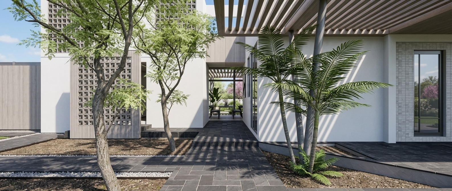 An incredibly lifelike, richly detailed, photorealistic eye-level exterior architectural photo of a modern minimalist restaurant courtyard set in a tranquil spring landscape. The scene is illuminated by bright, clear midday sunlight casting crisp geometric shadows through slatted wooden pergolas and decorative screen walls, creating a serene and zen-inspired atmosphere. Captured with a professional 24mm tilt-shift lens, emphasizing the contrast between dark stone pavers, fine vertical wood siding, smooth white plaster, and lush green foliage, the composition highlights a sophisticated, uncluttered architectural haven. A refined monochromatic palette of soft whites, cool grays, and subtle pastel accents defines the structure, perfectly complemented by delicate slender palm trees and leafy spring branches flanking the entrance path. Beyond the covered threshold, streamlined indoor-outdoor spaces feature sleek metal and wooden furniture, clutter-free surfaces, curated photography books, abstract wall art, and elegant indoor plants, perfectly blending functional modern design with a calm, elegant dining ambiance.