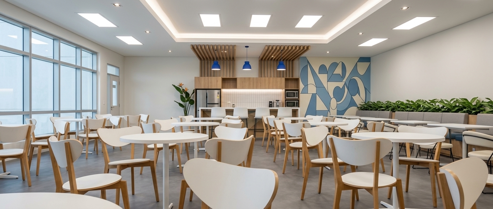 An incredibly lifelike, richly detailed, photorealistic wide-angle interior photograph of a modern corporate pantry and coffee shop lounge set in a minimalist haven within a contemporary office setting. The scene is illuminated by clean, glowing recessed troffer light panels integrated into the perimeter ceiling, delicate pinlights scattered across the smooth white fixed and drop ceilings, and three bold cobalt blue pendant drop lights suspended over the central high table counter, creating a bright, energetic, and welcoming atmosphere. Captured with a 24mm architectural lens, emphasizing the seamless matte finish of the gray PVC vinyl flooring, the warm grain of light-wood dining chairs with crisp white shells, and the striking abstract geometric wallpaper mural in soothing blue and cream tones. In the center backdrop, a service counter framed by natural slatted timber louvers features pristine white subway tiles and sleek stainless-steel appliances, while linear greenery planters line the banquette seating to balance the clean modern aesthetics with lush organic warmth.