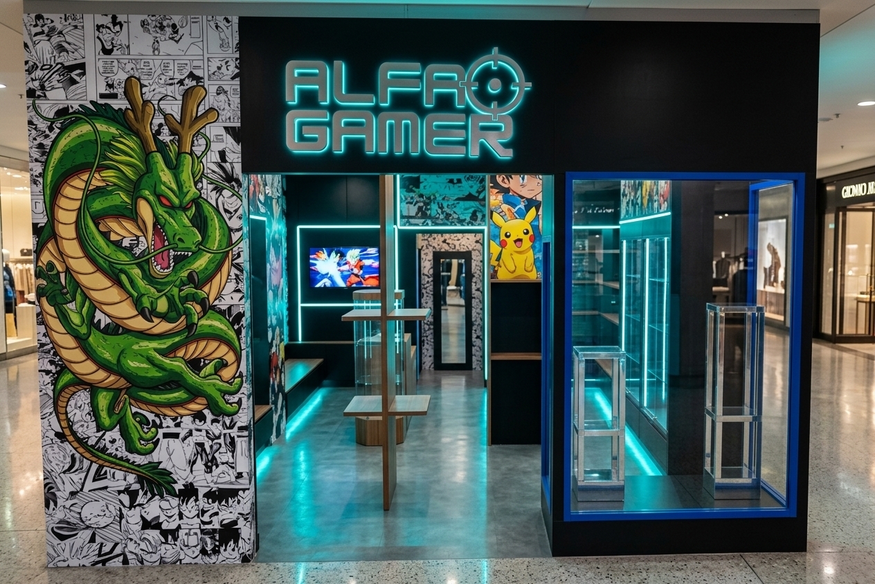 An incredibly lifelike, richly detailed, photorealistic eye-level storefront shot of the "ALFA GAMER" retail shop set in a modern, polished indoor shopping mall concourse. The scene is illuminated by glowing teal and cyan LED halo backlighting encircling the futuristic front signage and rich, ambient interior neon strip lights, creating a sleek, immersive neon noir atmosphere. Captured with a high-end 35mm prime lens, emphasizing brilliant color contrast, realistic glass reflections, and detailed graphics, the design features a striking left pillar wrapped in black-and-white Dragon Ball manga panels topped with a vivid, vibrant green Shenron dragon illustration. Above the wide entrance, the metallic "ALFA GAMER" logo pops dramatically off the matte black fascia with its luminous rim-lighting. To the right, an expansive glass display window framed in electric cobalt blue houses clear, multi-tiered pedestal displays reflecting ambient mall lighting. Inside, the fully lit interior displays a bright TV screen, anime artwork including a colorful Pikachu poster, and streamlined shelving, casting sleek colored reflections across the polished floor.