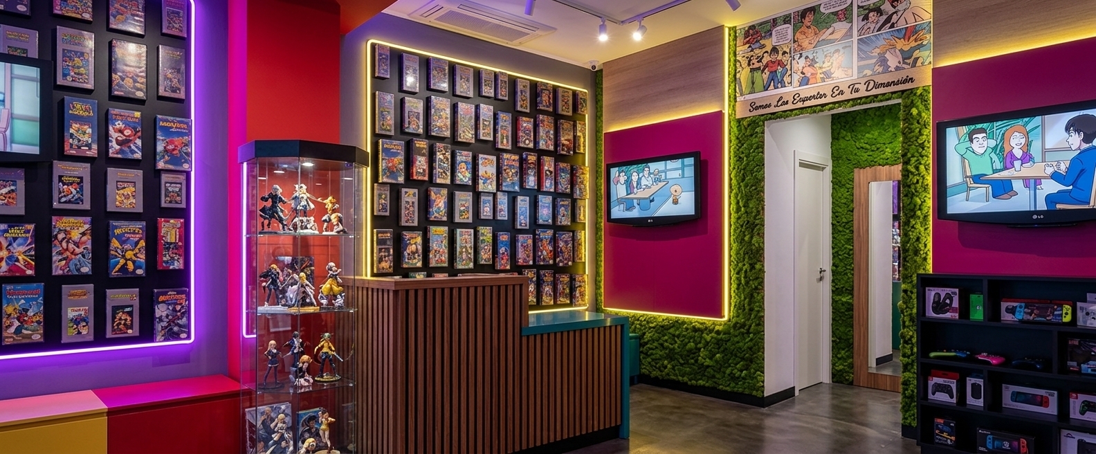 An incredibly lifelike, richly detailed, photorealistic wide-angle interior shot of a vibrant gaming room set in a modern entertainment lounge. The scene is illuminated by crisp artificial ceiling spotlights and glowing ambient neon strips—with a sleek purple neon light strip highlighting the bold red wall and a radiant yellow neon strip tracing the rich magenta wall—creating an energetic neon noir atmosphere. Captured with a 24mm wide-angle lens with smooth depth of field, emphasizing the rich vertical wood slat texture of the reception desk, glossy color-blocked surfaces, and crystalline reflections across the tall glass display column filled with anime collectibles. In the background, wall-mounted monitors glow softly with animated media, while patterned wall panels mounted with colorful retro video game cases, a fresh green moss wall framing the doorway, and matte black shelving complete this immersive, ultra-detailed gaming destination.