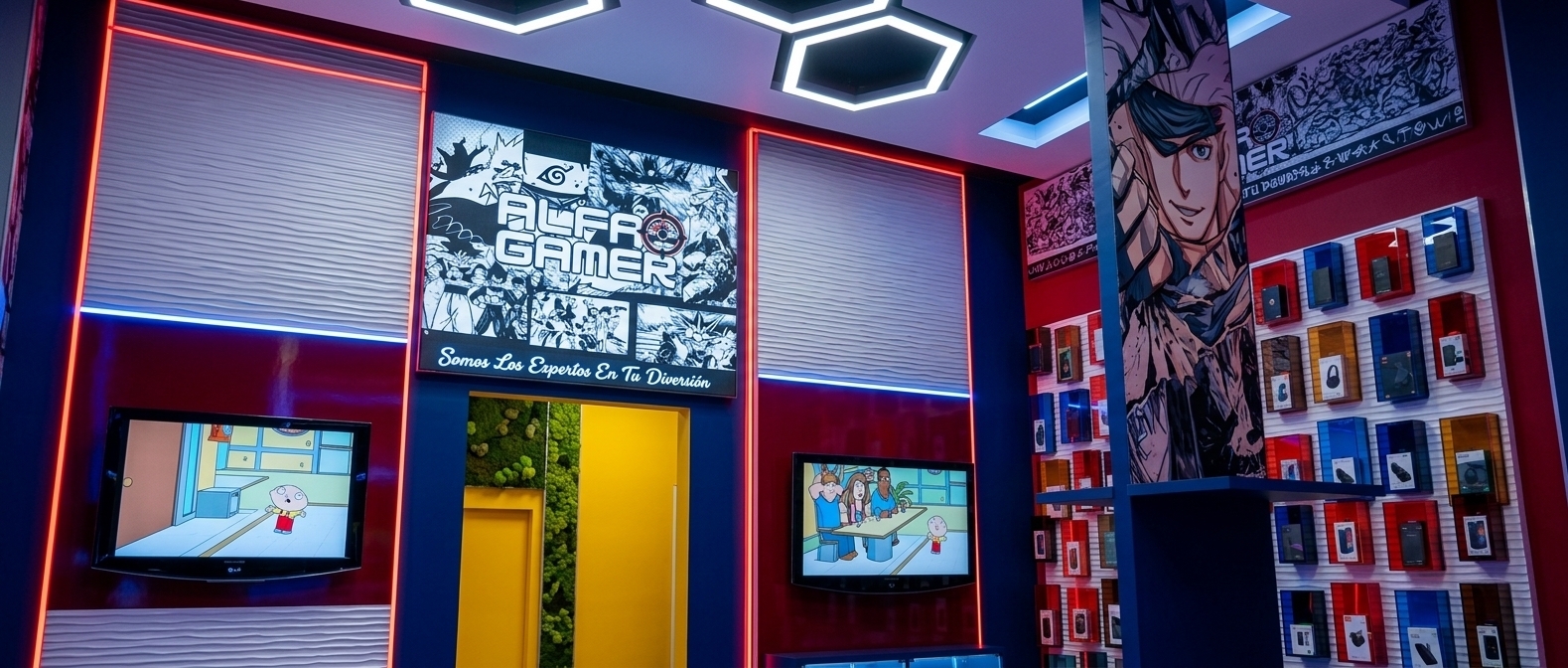An incredibly lifelike, richly detailed, photorealistic wide-angle interior photograph of a high-tech gaming store named "Alfa Gamer" set in a vibrant urban lounge. The scene is illuminated by futuristic white hexagonal LED ceiling lamps and striking accent lights, featuring a bold red neon strip outlining the deep blue wall and a vibrant blue neon strip running across the rich crimson red walls, creating an atmospheric, neon-noir mood. Captured with a 24mm architectural lens, emphasizing the fine horizontal ridges of the white wave-paneled walls, glossy screen displays, and vivid graphic art finishes. The iconic "ALFA GAMER" sign with its tagline "Somos Los Expertos En Tu Diversión" hangs prominently above a vibrant yellow and vertical moss-green doorway, flanked by wall-mounted TVs, dynamic anime pillar wraps, colorful geometric product displays, and high-contrast gaming artwork.