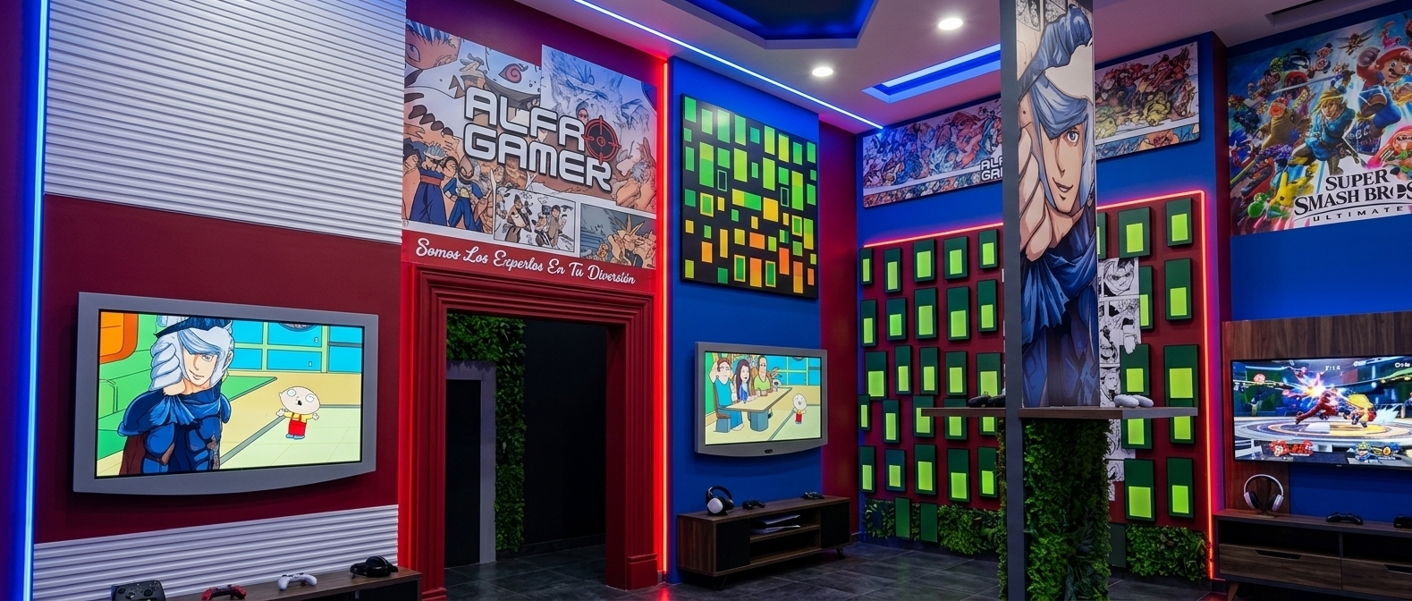 An incredibly lifelike, richly detailed, photorealistic interior photo of a dynamic gaming room set in a modern entertainment hub. The scene is illuminated by crisp artificial overhead downlights layered with striking blue neon light strips installed along the deep crimson walls and glowing red neon light strips running along the electric blue accent wall, creating an electrifying neon noir atmosphere. Captured with a 24mm wide-angle lens, emphasizing the tactile ribbed white wall paneling, vibrant graphics, and smooth reflective finishes. 

Preserving its bold visual identity, the space highlights rich red architectural framing around a bright yellow feature portal and lush green vertical garden, set against an energetic cobalt blue backdrop adorned with a multi-colored rectangular pattern display. Above the entryway, the prominent "ALFA GAMER" banner displaying its signature manga collage and red tagline "Somos Los Expertos En Tu Diversión" anchors the room alongside high-impact anime murals and Super Smash Bros artwork. Sleek flat-screen TVs cast vivid imagery across the interior, while the interplay of ambient indoor lighting and colorful neon glow breathes dramatic, modern life into every surface of this ultimate gamer sanctuary.