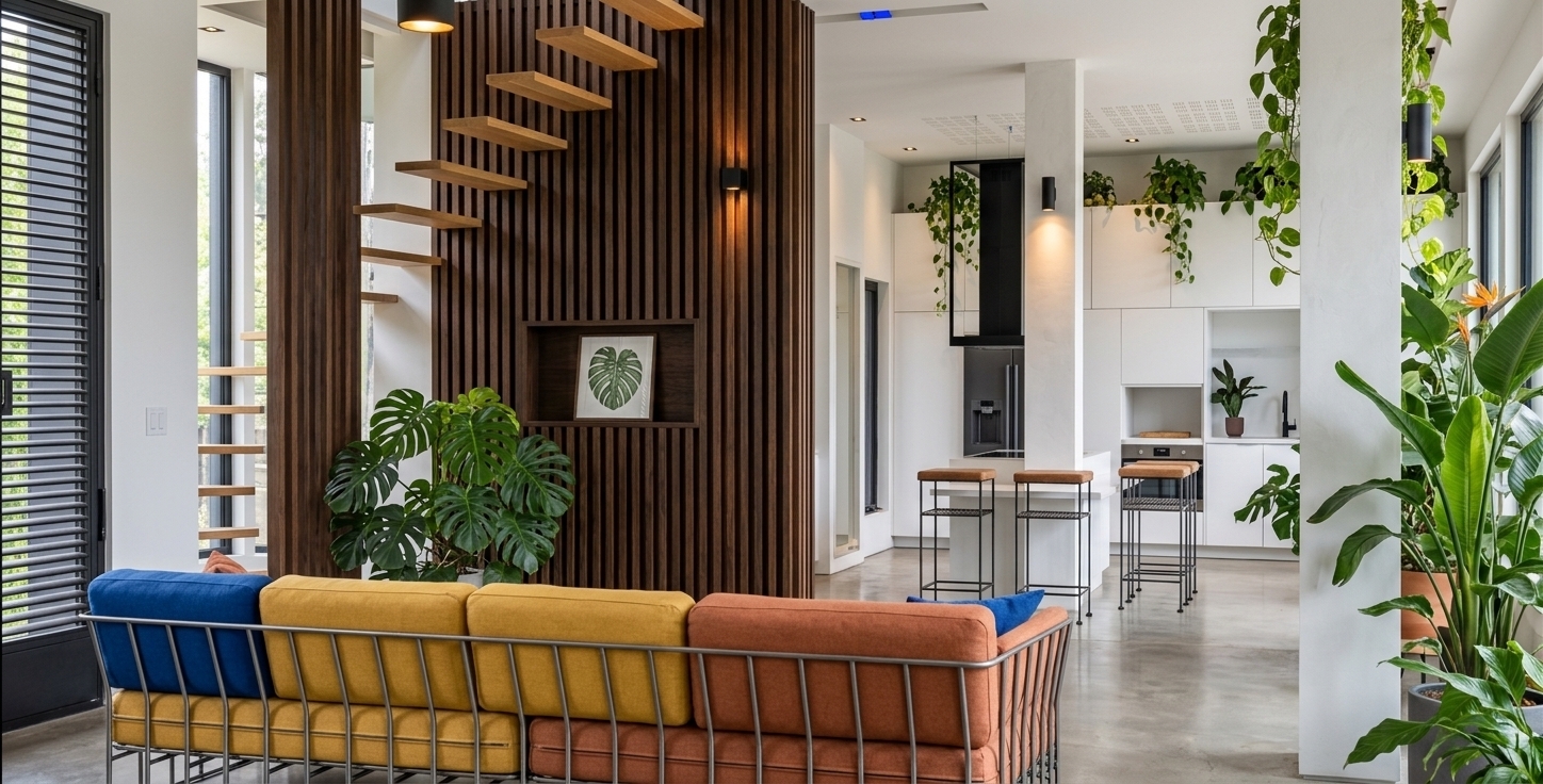 An incredibly lifelike, richly detailed, photorealistic interior photo of an open-concept living room transformed into a bohemian oasis set in a stylish modern residence. The scene is illuminated by soft daylight filtering through oversized windows and warm accent spotlights, creating a vibrant yet relaxing atmosphere. Captured with a 24mm tilt-shift lens, emphasizing rich vertical dark-wood slatting, natural timber stair treads, and an abundance of lush indoor tropical foliage—including sprawling monsteras, tall bird-of-paradise plants, and trailing pothos—overflowing across the space. In the foreground, a low-profile geometric sofa features eye-catching cushions in cobalt blue, mustard yellow, and warm terracotta. Beyond the slatted architectural wall, the sleek kitchen island and floating staircase are surrounded by flourishing greenery, effortlessly blending raw organic textures with contemporary white walls and black matte architectural fixtures.