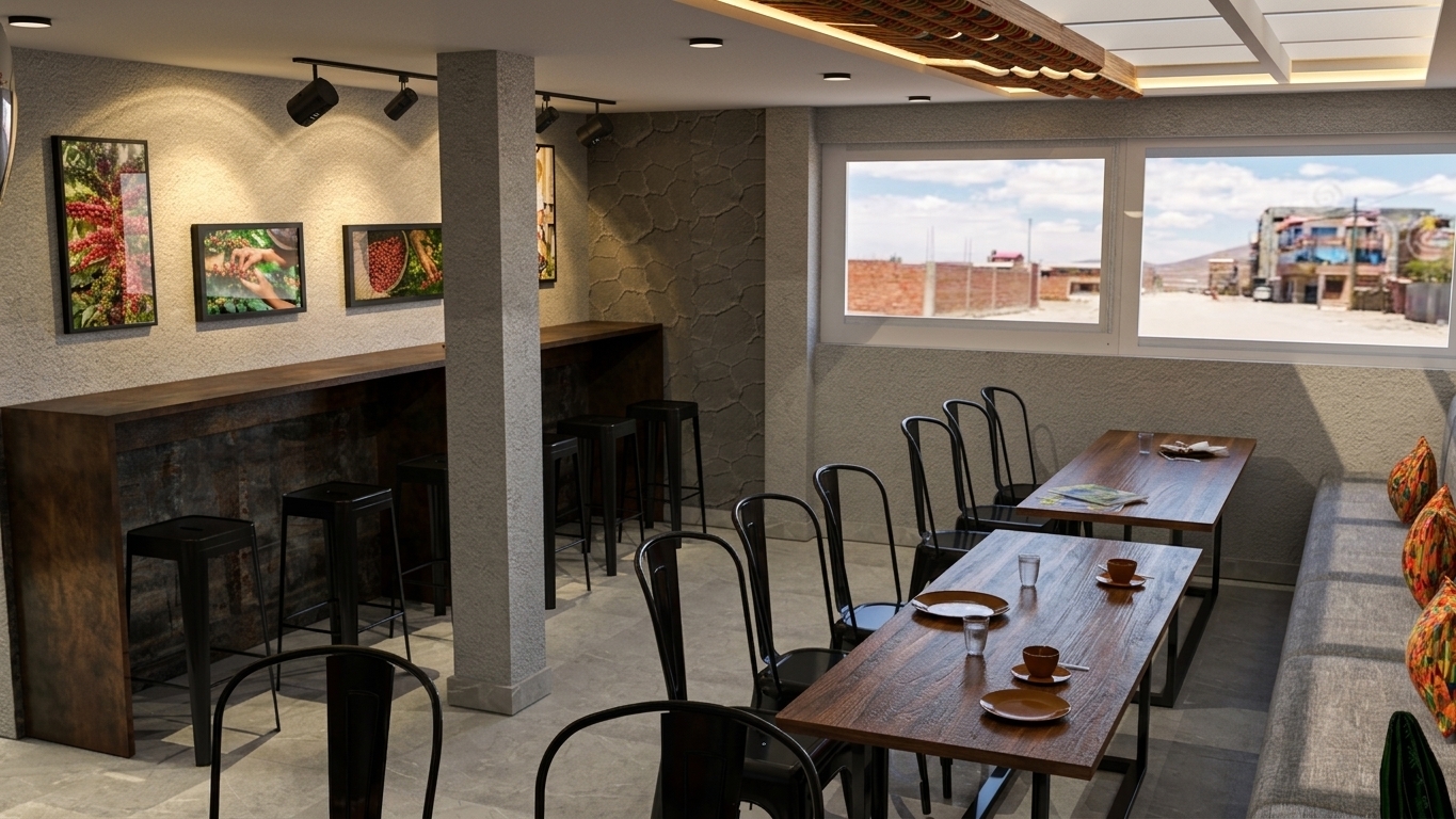 A professionally shot interior architectural photograph of this modern coffee shop interior, strictly maintaining the exact layout, geometry, camera angle, and spatial composition. Soft, natural daylight streams gently through the large white-framed windows on the right, creating a warm, inviting ambience and casting subtle volumetric rays and soft shadows across the smooth grey tiled floor and warm wooden tables. The ceiling-mounted track spotlights deliver realistic warm illumination targeted directly onto the framed coffee-themed photographs, bringing out their vivid color saturation while highlighting the coarse, tactile micro-texture of the light grey plaster wall. The timber tabletops feature realistic wood grain textures with a subtle satin sheen, catching soft reflections from the ambient light, while the black metal chairs exhibit a realistic matte powder-coated finish with subtle specular highlights along their curved edges. Captured with a professional wide-angle lens at f/8, the exposure expertly balances the bright daylight from the outdoor street view with the cozy interior shadows, enhanced by subtle atmospheric depth, faint film grain, natural lens vignetting, and authentic material physics throughout the scene.