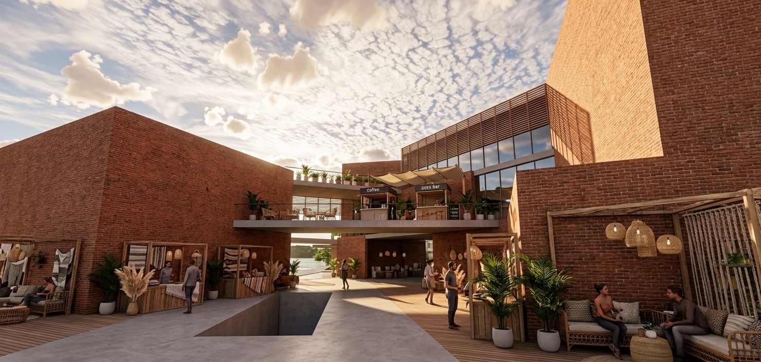 An incredibly lifelike, richly detailed, photorealistic low-angle wide-shot of a contemporary multi-level commercial complex set in a vibrant outdoor garden and bohemian oasis. The scene is illuminated by bright, golden late-afternoon sunlight filtering through soft cumulus clouds, creating a warm, inviting atmosphere filled with crisp, dramatic geometric shadows. Captured with a professional 24mm architectural tilt-shift lens, emphasizing the tactile textures of warm exposed red-clay brick facades, sleek horizontal timber sun-shading louvers, and lush foliage, the design transforms geometric block forms into an open-air haven. Expansive glass windows are partially shielded by fine horizontal slatted screens that diffuse the strong sunlight, while the elevated pedestrian bridges feature stylish commercial kiosks, juice bars, and coffee pop-ups lined with rattan seating and canvas awnings. Below, the spacious central courtyards are reimagined as a thriving bohemian market plaza, complete with artisanal wooden stalls, lush potted palms, pampas grass, woven hanging lanterns, and comfortable lounge seating scattered across smooth concrete and timber decking, inviting visitors to shop, relax, and socialize in a seamless blend of modern architecture and natural bohemian charm.