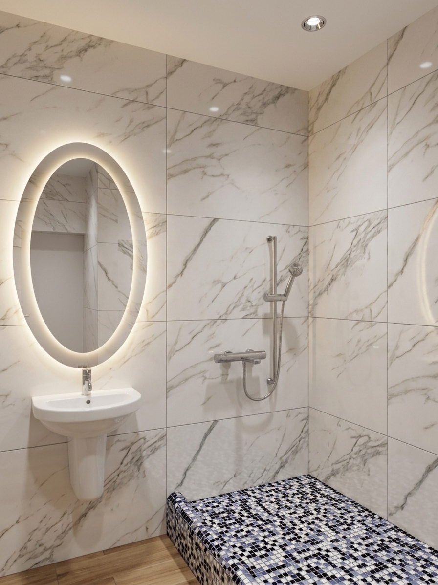 An incredibly lifelike, richly detailed, photorealistic eye-level interior shot of a contemporary bathroom set in an elegant modern residence. The scene is illuminated by soft overhead recessed spotlights and the warm, ethereal glow of a halo-lit oval mirror, creating a serene and opulent atmosphere. Captured with a 24mm architectural wide-angle lens, emphasizing the glossy Calacatta marble wall tiles, crisp white ceramic fixtures, and the vibrant geometric mosaic detailing. The composition highlights a floating pedestal basin beneath the backlit oval mirror, which casts a soft ambient radiance across the polished marble surfaces. Beside it, an open shower corner features a sleek, polished chrome fixture mounted against seamless marble slabs, while a raised shower base is covered in a intricate pattern of black, cobalt blue, and pearl white mosaic tiles. Smooth, light wood-look floor planks stretch across the foreground, adding warmth and balancing the cool, reflective textures, resulting in a perfectly balanced, high-end architectural space.