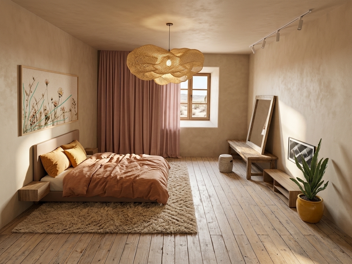 An incredibly lifelike, richly detailed, photorealistic wide-angle interior photograph of a tranquil bedroom set in a sun-drenched desert retreat. The scene is illuminated by warm, natural sunlight filtering through a recessed window and the soft glow of an organic woven straw pendant lamp, creating a calm, Southwestern-inspired atmosphere. Captured with a professional wide-angle lens, emphasizing natural textures, smooth beige adobe walls, and rich earth tones, the composition beautifully balances simplicity and warmth. 

On the left, a sleek low-profile bed features soft terracotta bedding accompanied by warm yellow accent pillows, sitting atop a plush, textured shag area rug. To the side, minimalist wall art depicting delicate desert blooms adds a touch of subtle elegance. Across the sun-bleached wooden floorboards, a rustic wooden console holds a leaning mirror, while a potted green succulent in a vibrant mustard-yellow pot brings a fresh element of life to the corner. Soft, full-length drapes in dusky rose frame the window, echoing the peaceful, minimalist beauty of an arid sanctuary.