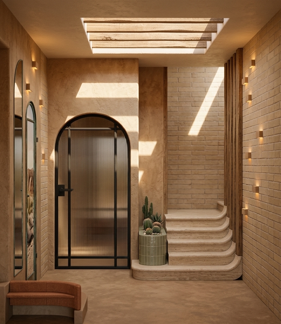 An incredibly lifelike, richly detailed, photorealistic wide-angle interior photo of a serene hotel lobby foyer set in an exclusive Southwestern desert retreat. The scene is illuminated by warm, sun-drenched morning light streaming through a recessed ceiling skylight fitted with rustic timber slats, creating a tranquil and grounded atmosphere. Captured with a tilt-shift architectural lens, emphasizing the rich tactile quality of hand-grained adobe walls, sandy beige brick tiling, and earthy terracotta undertones. 

At the center stands a grand arched entryway crafted from matte black iron frame and ribbed glass, framed by warm, textured plaster surfaces. To the right, a gentle staircase with smooth, rounded travertine steps curves fluidly upward, bounded by vertical wooden slats and a sage-green ceramic tiled planter nurturing a delicate arrangement of desert cacti and succulents. Small, integrated block sconces cast soft ambient highlights down the flank walls, complementing the pared-down, minimalist surfaces and warm neutral palette. Every element—from the organic finishes to the architectural depth—evokes an aura of quiet luxury and peaceful desert sanctuary.