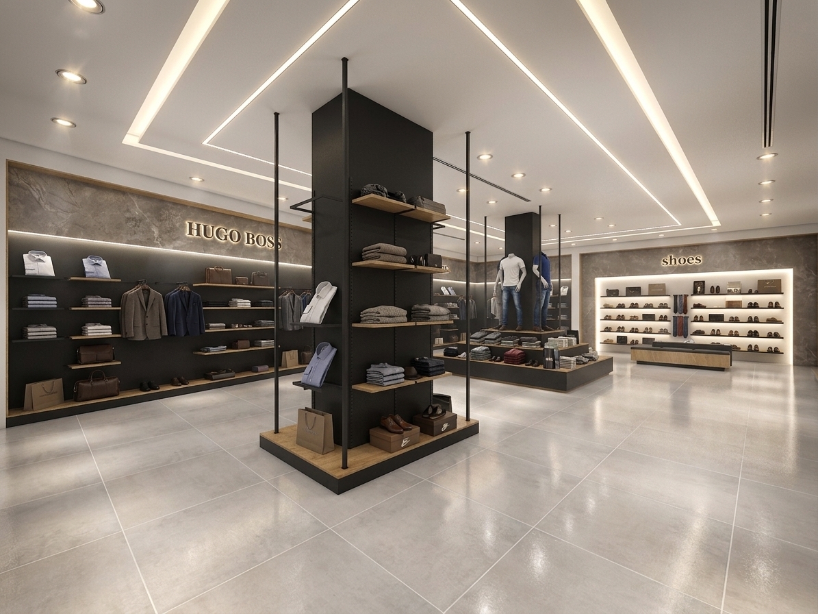 A crisp architectural interior photograph of the luxury retail store capturing the exact geometry, perspective, and composition of the original scene. The recessed ceiling spotlights shine with increased brightness, casting clear, warm highlights over the central column fixtures and polished light grey floor tiles, complemented by bright, continuous linear ceiling light channels. The metallic logos on the textured stone wall sections, including "HUGO BOSS" and "shoes," are illuminated with soft, warm backlighting that casts a delicate glow around the lettering. The dark wall niches and column hanging rails are stocked with organized high-end men's apparel, featuring meticulously arranged folded shirts, tailored suits on wooden hangers, and folded knitwear on the oak-topped central shelves. The dark niche on the right beneath the illuminated shoe signage is filled with carefully spaced luxury leather shoes and footwear. Every surface displays authentic photographic realism, from the subtle grain on the light wood display bases and matte powder-coated black fixtures to the crisp weave of textiles and realistic floor reflections, shot with a professional wide-angle camera lens ensuring rich dynamic range, natural shadow falloff, and subtle photographic bloom around bright light sources.