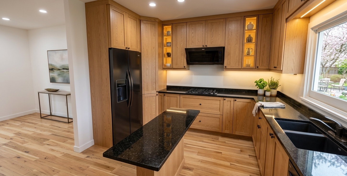 An incredibly lifelike, richly detailed, photorealistic wide-angle interior perspective shot of an elegant kitchen infused with modern French country charm set in a sunlit residential space on a clear spring midday. The scene is illuminated by soft ambient recessed downlights and golden under-cabinet LED strip lighting complemented by clear daylight filtering through the large picture window, creating a warm, sophisticated, and welcoming atmosphere. Captured with a 24mm architectural lens, emphasizing the organic texture of the natural light oak wood cabinetry, the deep polished luster of black granite countertops, and the smooth matte finish of high-end appliances. The balanced composition preserves the original layout precisely, displaying warm, light brown oak shaker cabinetry with authentic wood grain detail, paired with sleek dark countertops across the L-shaped perimeter and matching central island. A matte black French-door refrigerator, integrated cooktop, angled black range hood, and double-basin undermount sink add sleek contrast, while glass-front accent cabinets radiate a subtle amber glow. Smooth, light-toned hardwood floor planks extend seamlessly across the space, completing a pristine architectural visualization.