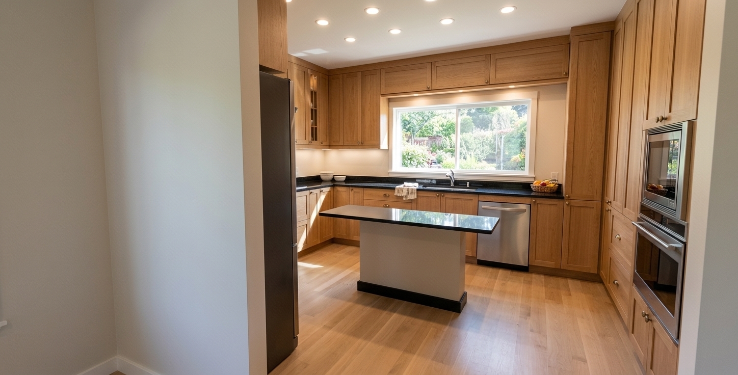 An incredibly lifelike, richly detailed, photorealistic wide-angle interior shot of a sophisticated kitchen set in a spacious modern home infused with subtle French country charm. The scene is illuminated by bright midday sunlight streaming through a wide horizontal window, complemented by the warm glow of circular recessed ceiling lights and soft under-cabinet LED accent lighting, creating a bright, welcoming, and serene atmosphere. Captured with a professional 24mm architectural wide-angle lens, emphasizing the fine organic grain of the warm light brown natural oak wood cabinetry, the polished glossy shine of deep black granite countertops, and the smooth, subtle texture of light wood floor planks.

The carefully framed view highlights a functional central kitchen island topped with a thick black stone counter resting on a neutral base with a crisp black trim. Surrounding the workspace are meticulously detailed shaker-style cabinet doors crafted in natural oak with a soft matte finish and neat metallic hardware. A dark panel-ready refrigerator stands anchored on the left, while an integrated double wall oven and microwave setup is built cleanly into the tall cabinet unit on the right. Stainless steel fixtures, crisp reflections along the dark countertops, and flawless spatial depth bring this tranquil culinary space to life.