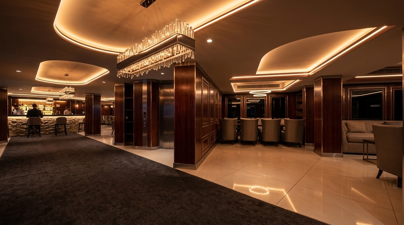 An incredibly lifelike, richly detailed, photorealistic wide-angle interior perspective of a retro-futuristic luxury restaurant and lounge set in an upscale hospitality venue at night. The scene is illuminated by warm, curving neon strip lights recessed within fluid ceiling cutouts and glowing glass crystal chandeliers, creating a sophisticated, nostalgic, space-age atmosphere. Captured with a 24mm architectural lens, emphasizing rich warm wood textures, polished stone surfaces, and contrasting soft ambient reflections, the expansive space seamlessly blends mid-century elegance with bold geometric design. Rich mahogany wood-paneled pillars with sleek metallic trims frame a central elevator core, while a plush charcoal carpet pathway guides the eye toward a backlit bar with a rustic stone counter in the background. To the right, high-backed space-age dining chairs rest on gleaming off-white floor tiles that reflect the warm amber glow, while streamlined ceiling contours and stylized metallic surfaces evoke the cinematic flair of a vintage sci-fi architectural photography spread.