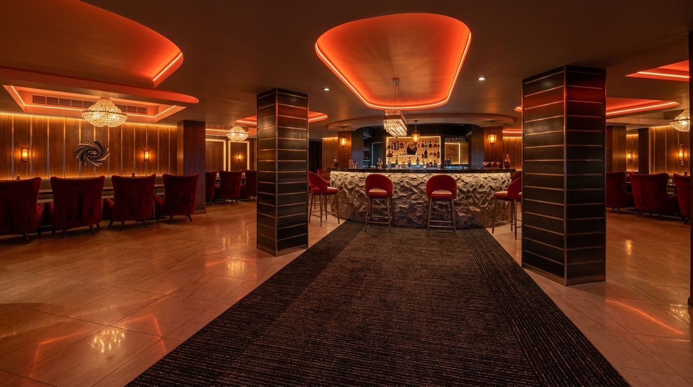 An incredibly lifelike, richly detailed, photorealistic wide-angle interior photo of an opulent retro-futuristic lounge and bar set in an exclusive night-time venue. The scene is illuminated by striking orange-red neon LED strips recessed within geometric ceiling cutouts, complemented by warm amber wall sconces and glittering crystal chandeliers, creating a bold, nostalgic, space-age atmosphere. Captured with a full-frame camera and a 24mm architectural lens, emphasizing the tactile contrast between the rugged stone bar face, metallic-banded dark columns, and plush crimson upholstery. At the center, a semi-circular bar with a natural rock facade and polished countertop is surrounded by sleek mid-century red barstools. A dark, textured runner draws the eye inward across polished light-toned floor tiles, while surrounding lounge areas feature deep wingback armchairs set against warmly lit, vertically paneled walls, evoking a sleek sci-fi elegance.