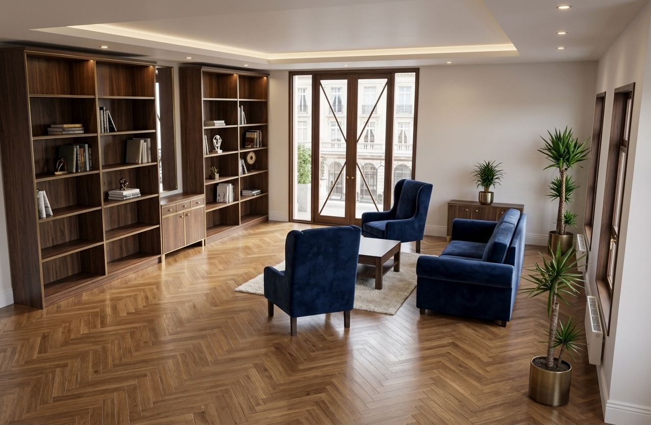 An incredibly lifelike, richly detailed, photorealistic wide-angle interior shot of a lavish hotel suite living room set in an opulent Art Deco hotel. The scene is illuminated by soft, natural daylight filtering through floor-to-ceiling French doors paired with warm accent lighting, creating a sophisticated and glamorous atmosphere. Captured with a professional 24mm architectural lens, emphasizing the plush midnight-blue velvet textiles, warm herringbone parquet flooring, and exquisite custom millwork. 

At the heart of the space, a tailored sofa and two classic wingback armchairs are upholstered in rich, light-catching blue velvet, anchored atop a plush off-white rug with a sleek low coffee table. The floor features a noble, warm-toned oak parquet in a meticulous herringbone pattern with a soft satin sheen that gently reflects the ambient light. Flanking the far wall, full-height dark walnut bookcases with subtle brass trim add grandeur and functional elegance, while vibrant potted indoor plants in brushed metallic planters bring freshness and contrast to the refined, sophisticated Art Deco aesthetic.