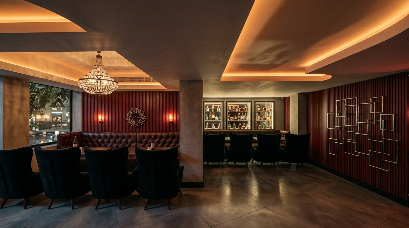 An incredibly lifelike, richly detailed, photorealistic wide-angle interior photo of an upscale retro-futuristic lounge restaurant set in a sophisticated urban nightlife district. The scene is illuminated by glowing amber neon cove lighting and warm-toned wall sconces, complemented by a sparkling central crystal chandelier, creating an intimate, nostalgic, and space-age atmosphere. Captured with a professional full-frame camera and a 24mm wide-angle lens, emphasizing the rich contrast between deep red slatted timber walls, matte concrete structural columns, polished metallic geometric sculptures, and plush black velvet wingback armchairs. The layout seamlessly blends mid-century and futuristic design language, featuring a classic tufted dark leather banquette along the back wall, a sleek chrome geometric installation reflecting the neon ambient glow, and stylized pastel-toned floor surfaces. Soft indirect light sweeps across the floating ceiling panels, casting intriguing shadows while large window openings reveal a soft glimpse of the streetscape outside, resulting in a bold, innovative aesthetic reminiscent of a vintage sci-fi art book.