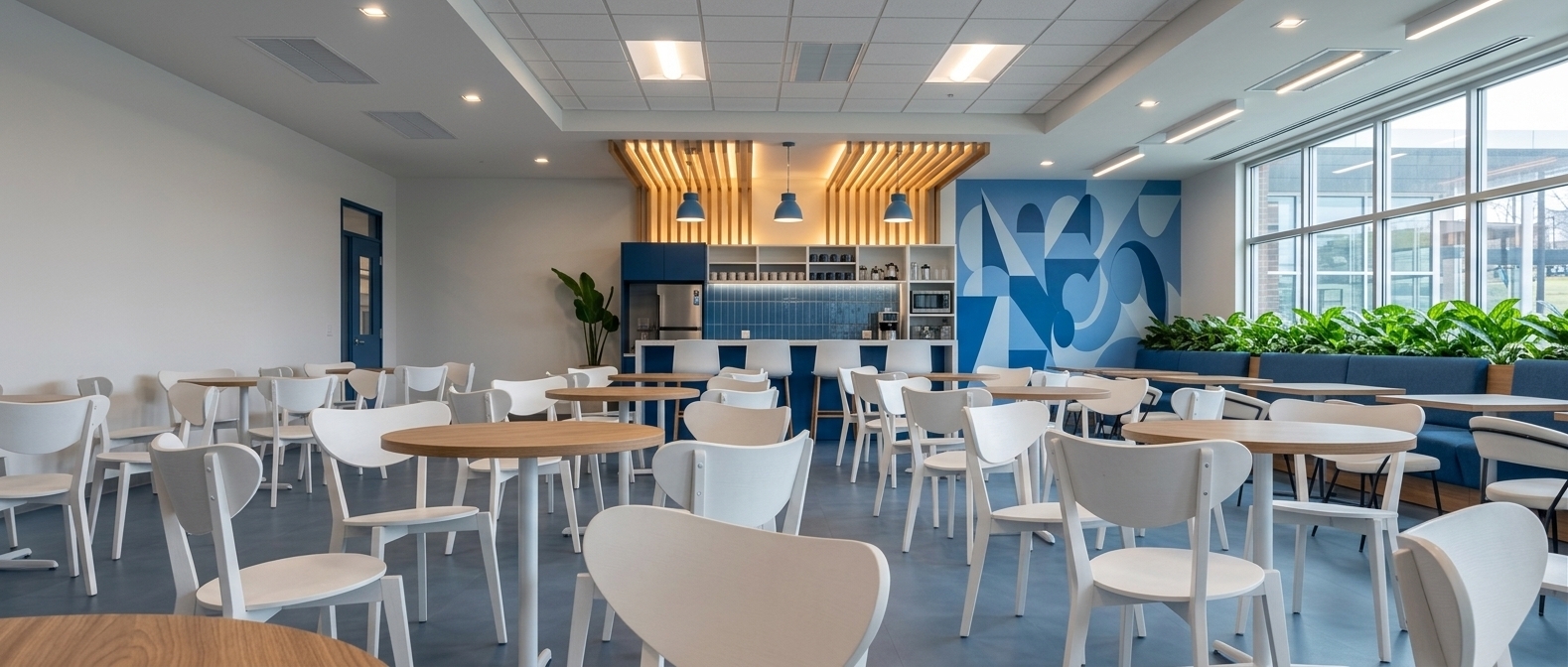 An incredibly lifelike, richly detailed, photorealistic wide-angle interior photograph of a modern coffee shop set in a sleek contemporary commercial space. The scene is illuminated by bright recessed troffer lights, warm glowing cove light framing the dropped ceiling feature, subtle pinlights embedded in white acoustic ceiling tiles, and a trio of vibrant blue pendant lights hanging over the service counter, creating an inviting, minimalist haven atmosphere. Captured with a 24mm architectural lens, emphasizing the smooth bluish-gray vinyl tile flooring, natural wood grain on the round dining tables, and glossy blue glazed tiles reflecting light along the kitchenette counter wall. To the right, floor-to-ceiling fixed glass windows flood the space with soft daylight, bordering a comfortable blue fabric banquette couch accented by an integrated planter box brimming with lush leafy greenery. Modern white Scandinavian chairs fill the spacious floor plan, seamlessly complementing the blue-painted doors, deep blue cabinet doors, and matching blue under-panel detailing on the central high bar table.