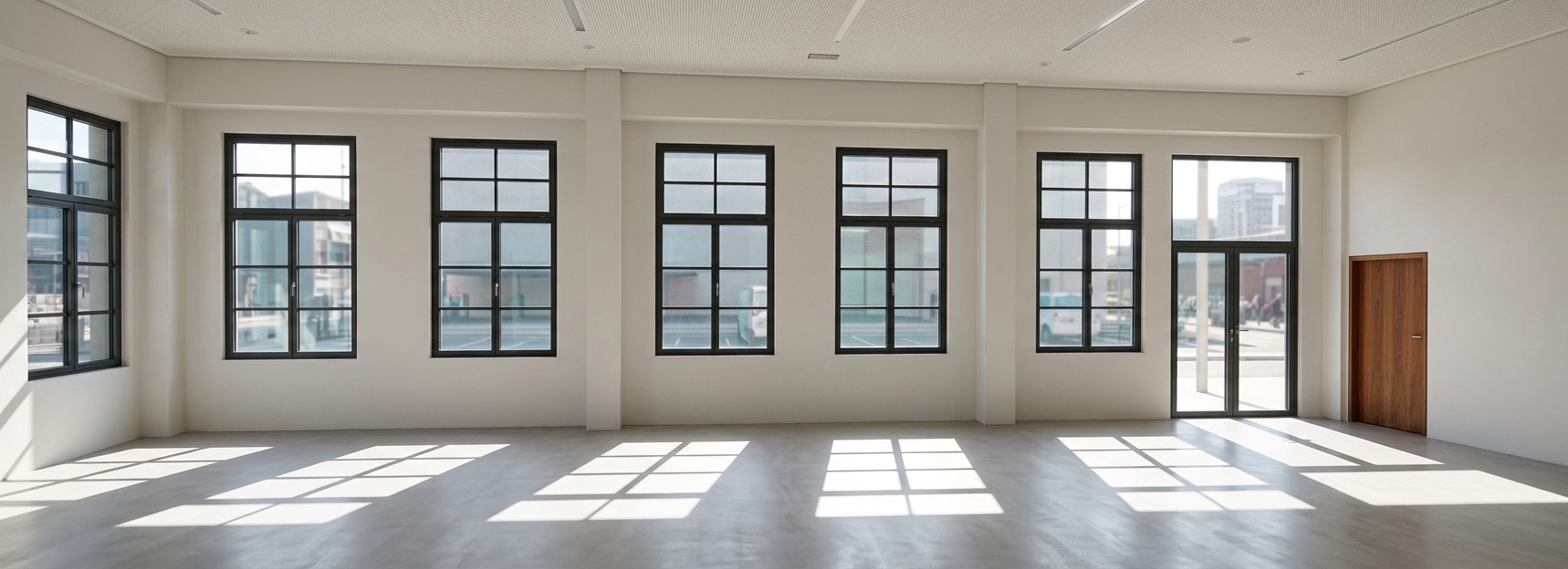 An incredibly lifelike, richly detailed, photorealistic wide-angle interior shot of a minimalist exhibition space set in a modern civic activity center. The scene is illuminated by bright afternoon daylight streaming through a series of tall, grid-paned windows, casting crisp geometric shapes across the floor and creating a serene, inviting atmosphere. Captured with a 24mm architectural tilt-shift lens, emphasizing the polished micro-cement floors, matte off-white plaster surfaces, sleek dark aluminum window mullions, and the warm, refined grain of a solid timber side door. Designed as a spacious minimalist haven, the open-plan gallery features robust structural columns that create a rhythmic perspective along the wall. Soft reflections of the outside world filter through tinted glass, while subtle ambient light catches the textured acoustic ceiling above, highlighting the clean structural symmetry and airy functionality of this contemporary public venue.