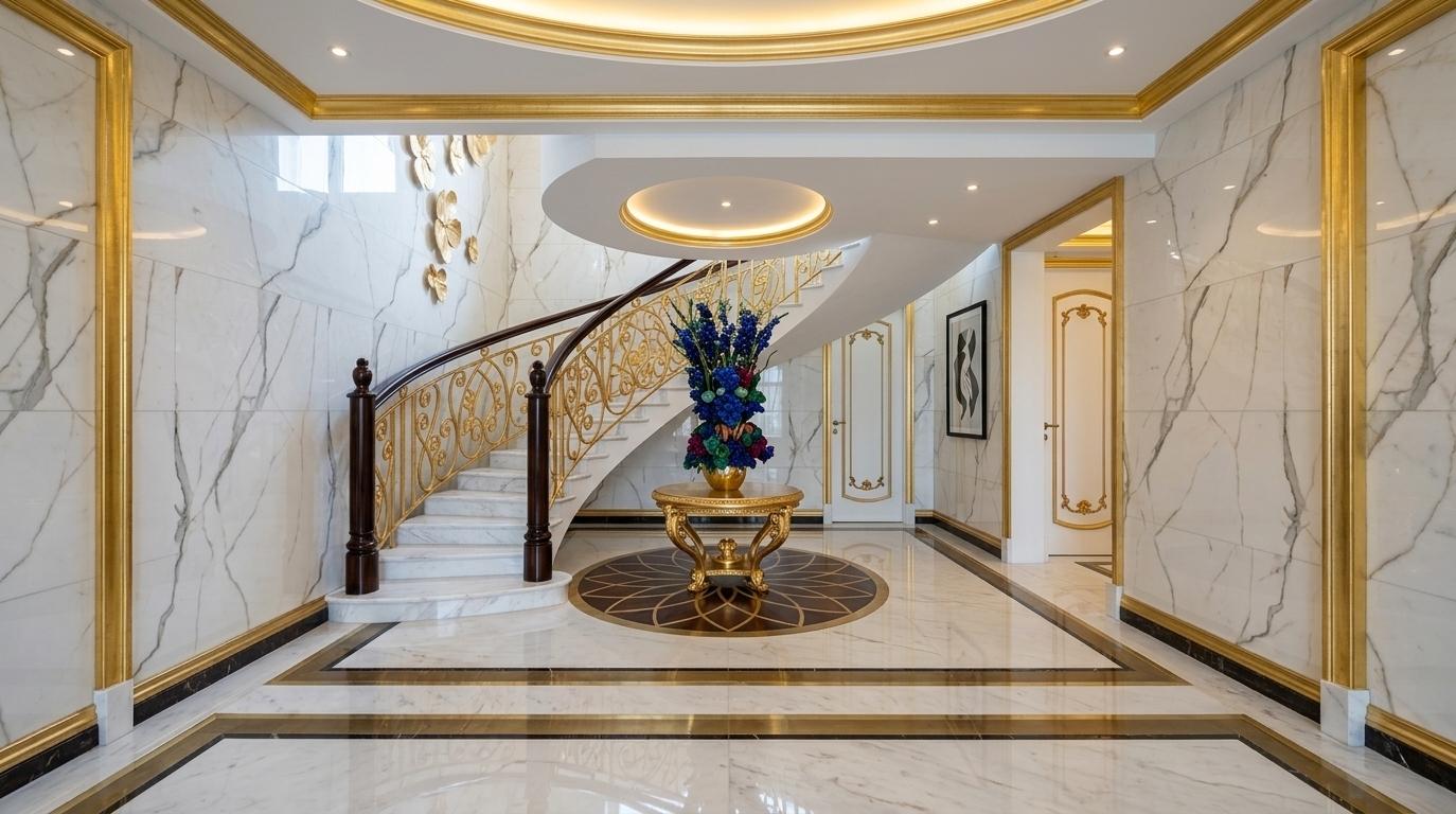 An incredibly lifelike, richly detailed, photorealistic wide-angle interior photograph of a lavish grand foyer featuring a sweeping curved staircase set in a high-end Art Deco residence. The scene is illuminated by crisp midday light paired with soft recessed ceiling spotlights, creating an opulent, glamorous atmosphere. Captured with a professional 24mm architectural lens, emphasizing polished marble surfaces, intricate gilded trim, and exquisite floor inlays.

The grand space displays an Art Deco aesthetic with smooth, vein-rippled marble wall cladding framed by bold, gold-leaf moulding. High-gloss marble flooring is defined by dark polished border bands and a striking central geometric medallion beneath an ornate gold pedestal table, which holds a vibrant, jewel-toned floral display. The sweeping staircase ascends elegantly with white marble treads, dark marble polished handrails, and intricate wrought-gold balustrades with leaf motifs. Deep ceiling coves outlined in rich gold, symmetrical white doors with ornate gilded trim, and sleek black-framed graphic wall art complete this extraordinarily chic, extravagant architectural statement.