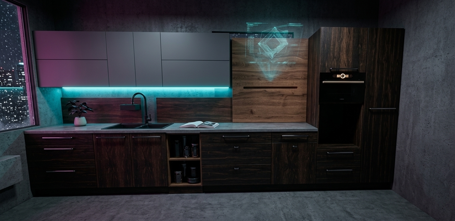 An incredibly lifelike, richly detailed, photorealistic straight-on interior shot of a sleek cyberpunk kitchen set in a high-rise urban apartment during a cold winter night. The scene is illuminated by moody neon noir ambient lighting, vibrant cyan under-cabinet glows, and soft magenta highlights cast against deep shadows, creating a high-tech, gritty, yet sophisticated atmosphere. Captured with a 35mm prime lens with crisp clarity, emphasizing the rich grain of dark burnt-timber lower cabinets, seamless matte-gray upper paneling, and polished minimalist counter surfaces. To the left, a frosted window reveals a view of a dark, snow-dusted cityscape glowing with distant urban lights. On the clean countertop rests an open photography book next to a sleek black metal faucet and a small, geometric ceramic pot with a dark indoor plant. A high-tech black glass built-in oven with a subtle digital interface completes the tall appliance column, while a shimmering holographic wall art projection floats faintly over the warm wood accent panel, perfectly blending industrial dark tones with futuristic cyberpunk decor.