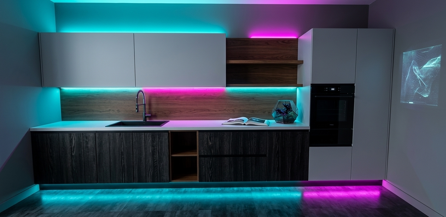 An incredibly lifelike, richly detailed, photorealistic interior photo of a futuristic kitchen set in a high-rise urban loft. The scene is illuminated by dramatic neon noir lighting, with vibrant cyan and deep magenta LED strips under the cabinetry casting sharp, vivid reflections onto dark surfaces, creating a moody, high-tech cybernetic atmosphere. Captured with a 35mm architectural lens, emphasizing deep charred-wood textures, brushed gunmetal accents, and ultra-smooth minimalist surfaces.

The continuous wall kitchen unit showcases a striking contrast between dark, tactile textures and sleek modern finishes. Below the crisp, ice-white composite countertop, the lower base cabinets are dressed in rich, dark-stained timber with heavy vertical graining, fitted with slim, matte-black edge handles. An open storage nook breaks up the lower run, revealing clean, modern shelving. Set into the counter is a matte black undermount sink equipped with a flexible, high-arched cybernetic gooseneck faucet.

The mid-section features a warm walnut-wood backsplash that extends upward into a dedicated accent wall with a floating wooden display shelf. Integrated linear lighting beneath the upper cabinets casts a continuous pool of light along the workspace. Above, the upper cabinetry is styled in a seamless, handleless matte light-gray finish, perfectly flush for a clean, industrial look. To the right, a tall dark-wood utility stack neatly houses a flush-mounted, black glass smart oven with a minimal digital interface glowing softly in standby mode.

Adding to the gritty, futuristic ambiance, a soft holographic wall art projection shimmers subtly against the adjacent matte gray wall, casting an ethereal glow. On the polished counter surface rests a thick photography book open to black-and-white urban landscapes, beside a sleek geometric glass terrarium housing dark, bio-luminescent indoor plants. The floor reflects the ambient neon accents in smooth shades of slate gray and ebony, completing this sophisticated, cyberpunk-inspired culinary space.