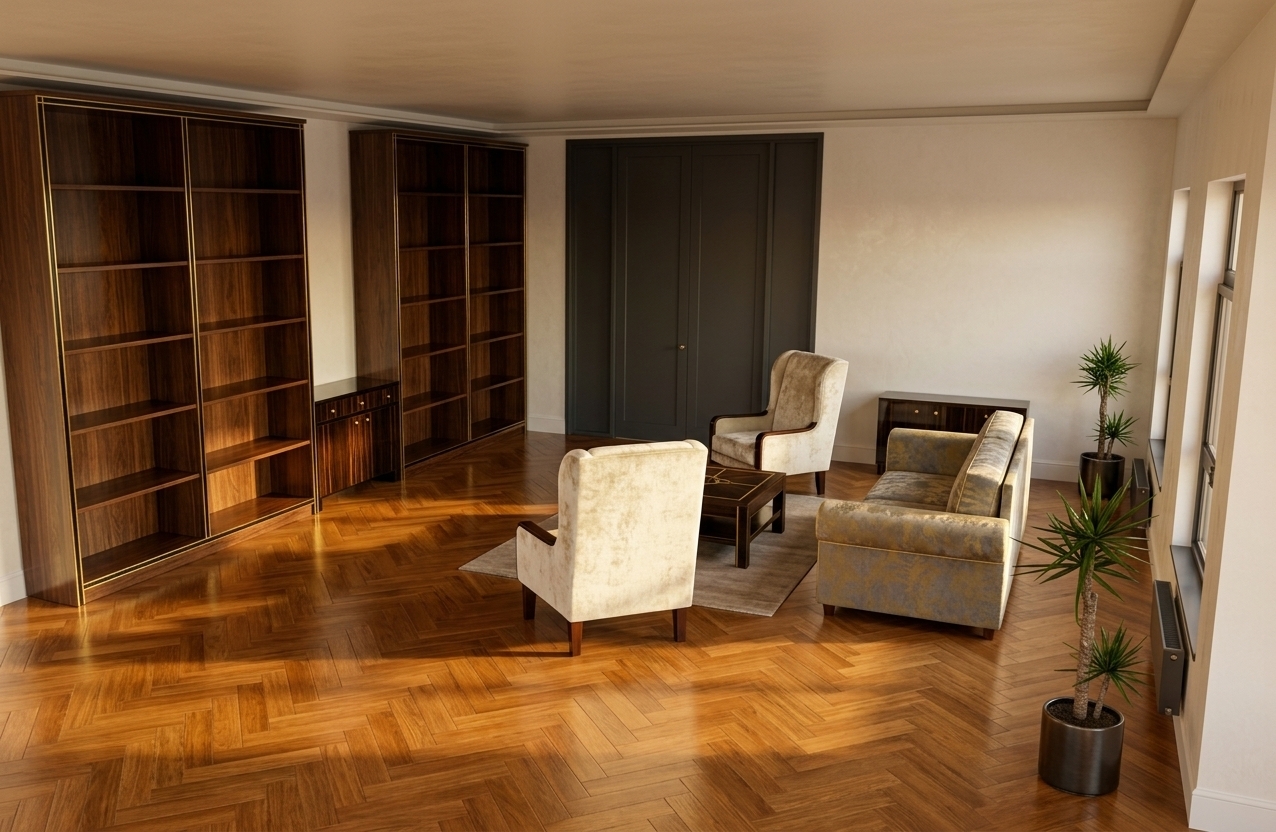 An incredibly lifelike, richly detailed, photorealistic wide-angle interior shot of a spacious Art Deco glamour bedroom set in a luxury penthouse residence. The scene is illuminated by warm, low-angled golden sunlight streaming softly through side windows, creating a serene and opulent atmosphere. Captured with a 24mm lens at eye level, emphasizing the intricate wood grain, mirror-like polished sheen, and flawless geometric pattern of a rich, warm oak herringbone parquet floor that stretches continuously across the entire room. At the far end, elegant double interior doors finished in matte charcoal stand closed, bathed in soft, neutral ambient shadows with no light coming from behind them. The expansive floor space remains pristine and unobstructed, reflecting warm sunset tones and accentuating the sophisticated, high-end architectural finish of the interior.