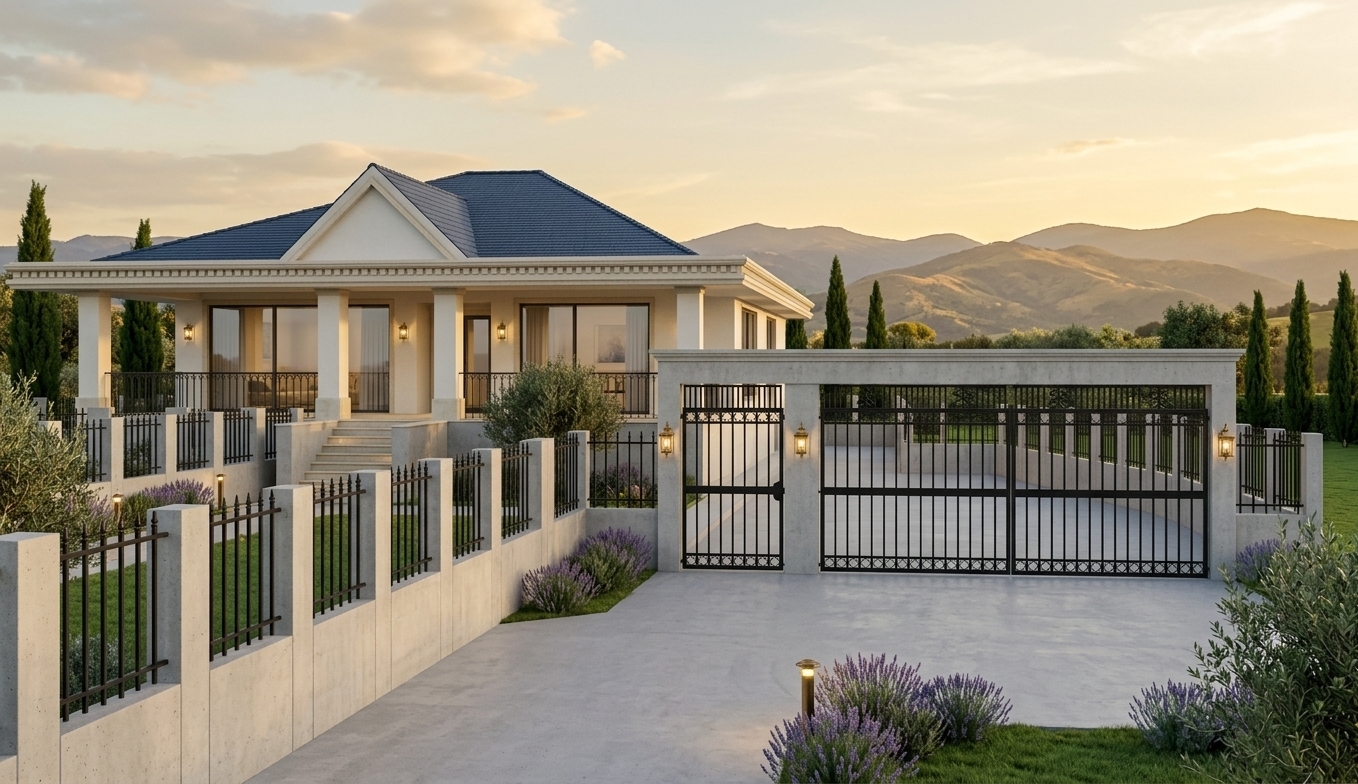 An incredibly lifelike, richly detailed, photorealistic wide establishing view of a luxury Neo-Classical farmhouse estate set in a tranquil, scenic mountain escape. The scene is illuminated by warm, ambient golden hour light paired with subtle architectural accent lighting, creating a warm, elegant, and serene atmosphere. Captured with a 35mm architectural lens at eye level, emphasizing handcrafted black wrought-iron gates, fine limestone cornices, smooth fair-faced exposed concrete walls, and natural stone textures. In the foreground, an ornate entrance portal featuring black wrought-iron pedestrian and vehicle gates provides a grand arrival experience, flanked by refined concrete retaining walls and classic brass wall lanterns. Elevated behind the portal, the main residence showcases crisp off-white plastered facades, a dark slate-blue tiled hip roof with a prominent central gable, and an expansive covered porch framed by classical square columns, stone plinths, and glazed openings reflecting the sky. Replacing all flat surfaces with rich greenery, the grounds feature lush manicured lawns, fragrant lavender, mature olive trees, and slender Italian cypresses that seamlessly blend the sophisticated architecture into the surrounding countryside environment.