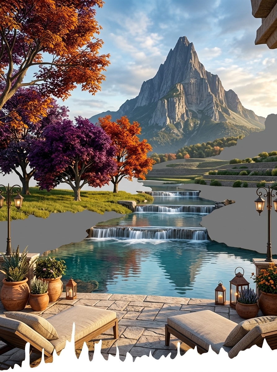 An incredibly lifelike, richly detailed, photorealistic wide-angle landscape photo of a luxury Mediterranean retreat's outdoor patio overlooking a breathtaking mountain river and a multi-tiered terraced waterfall set in a picturesque alpine valley. The scene is illuminated by the warm, golden light of late afternoon sunshine blended with the soft glow of elegant wrought-iron post lamps and rustic lanterns along the terrace, creating an enchanting, tranquil, and luxurious atmosphere. Captured with a professional full-frame camera and a 24mm f/8 lens, emphasizing the crisp texture of hand-carved stone patio tiles, smooth cascading water over stone terraces, vibrant purple and fiery orange autumn leaves, and the majestic, sharp contours of the distant mountain peak towering under a cloud-dappled blue sky.

In the foreground, an inviting Mediterranean-style stone patio features comfortably cushioned loungers, potted terracotta plants with Mediterranean flora, and warm ambient outdoor lamps softly glowing along stone balustrades. Just beyond the patio, the river flows gracefully, dropping down a beautifully constructed terraced waterfall that creates gentle white foam against clear turquoise water. On the lush grassy riverbanks, striking trees with dual-toned purple and vibrant orange foliage frame the stunning mirror-like reflections of the sky and distant mountain range.