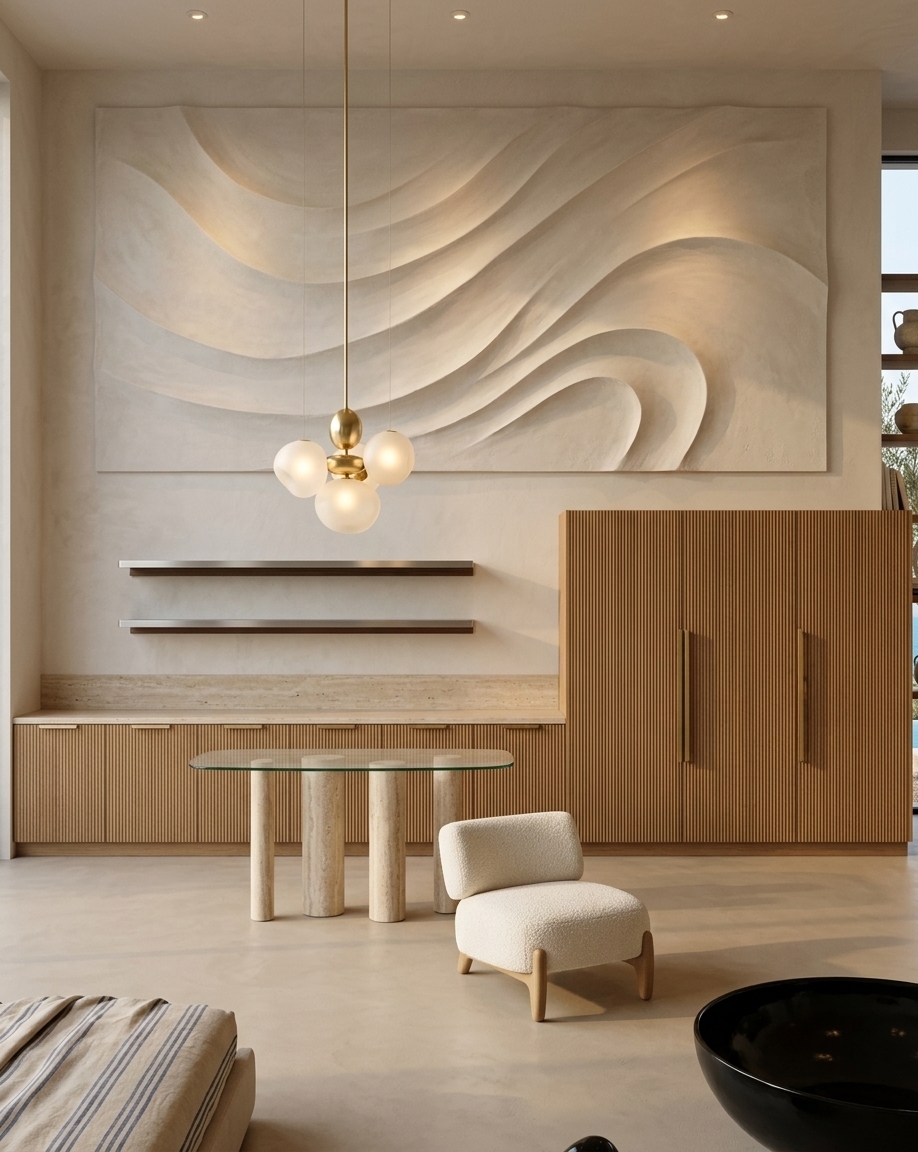 An incredibly lifelike, richly detailed, photorealistic wide-angle interior shot of a high-end furniture showroom exhibition space set in a luxurious Mediterranean retreat. The scene is illuminated by soft, golden afternoon daylight filtering gently across the room alongside warm accent spotlights, creating a serene, sophisticated, and organic atmosphere. Captured with a professional 35mm architectural lens, emphasizing tactile limewash plaster textures, rich natural grains, and subtle light gradients, the space retains its original spatial layout while elevating every finish to perfection. The long kitchen cabinetry and adjacent tall wardrobe units are transformed with richly textured, fluted warm-oak wood paneling topped with a sleek travertine stone surface and accented by long, elegant brushed brass hardware. Filling the expansive, double-height wall above the floating shelves is a breathtaking, large-scale plaster relief art installation—its soft, sweeping abstract waves adding dramatic vertical depth and artisanal character without cluttering the minimalist aesthetic. Suspended from the high ceiling above the sculptural pillar table and low-slung ivory lounge chair hangs a striking contemporary pendant light featuring organic, frosted glass globes that cast a soft ambient glow across the seamless beige micro-cement floor.