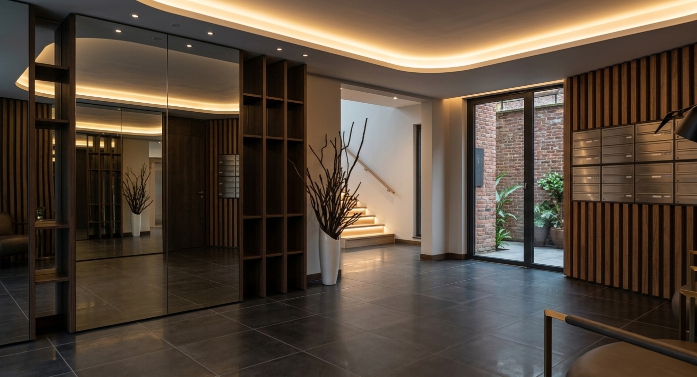 An incredibly lifelike, richly detailed, photorealistic wide-angle interior photo of a sleek entrance hall and hotel lobby set in a modern fusion luxury development. The scene is illuminated by glowing, continuous warm ambient cove lighting recessed within a curved ceiling feature, complemented by subtle overhead spotlights, creating a sophisticated, moody, and welcoming atmosphere. Captured with a 24mm architectural lens, emphasizing the sharp contrast between full-height polished mirrored panels, dark matte wood display shelving, and warm vertical timber slatted walls. On the right, contemporary metallic mailbox units are integrated seamlessly into a fluted wood feature wall, adjacent to expansive floor-to-ceiling glass doors that look out onto a private courtyard with exposed red brickwork and lush leafy plants. A slender white ceramic floor vase holding dark sculptural branches acts as an artistic focal point, drawing the eye toward an open hallway with a cleanly lit staircase, while polished charcoal floor tiles ground the luxurious, balanced interior design.