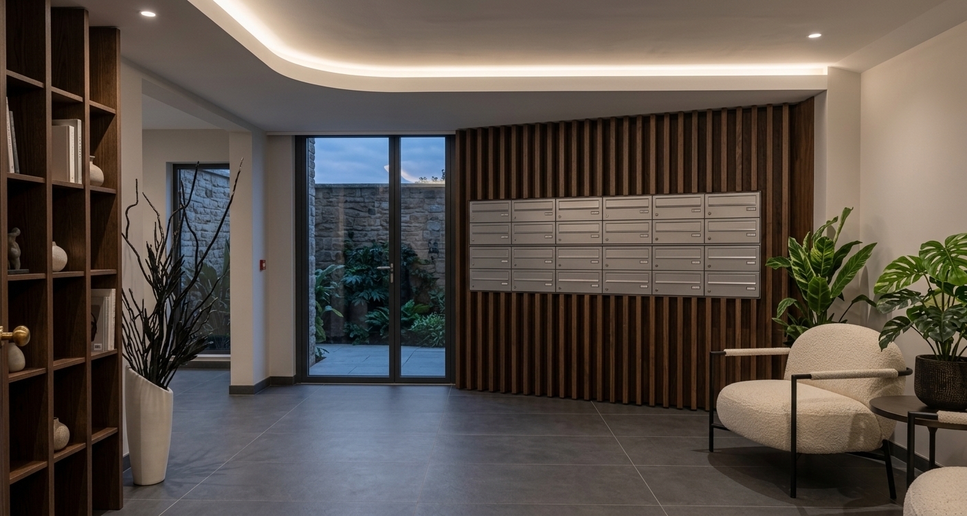 An incredibly lifelike, richly detailed, photorealistic interior photo of an expansive entrance hall set in a luxury hotel lobby designed as a serene minimalist haven. The scene is illuminated by soft, indirect LED illumination glowing warmly from a gracefully curved ceiling cove soffit, combined with soft dusk light filtering through large glass doors, creating a serene, moody atmosphere. Captured with a wide-angle 24mm architectural lens, emphasizing the rich tactile texture of vertical dark walnut wood slats, seamless charcoal-grey matte floor tiles, and the plush bouclé fabric of a contemporary armchair. On the right, the slatted feature wall subtly integrates a clean grid of brushed-aluminum mailbox units, complemented by an elegant white accent chair with a black steel frame and a lush potted tropical plant nestled in the corner. Straight ahead, full-height dark-framed glass slider doors reveal glimpses of rich green foliage in an adjoining courtyard, while the left foreground is framed by a floor-to-ceiling open display shelf and a tall, matte-white ceramic vase holding dramatic dark sculptural branches, adding depth and refined artistry to the quiet luxury of the space.