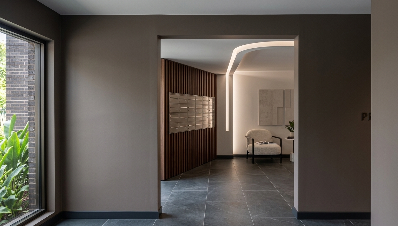 An incredibly lifelike, richly detailed, photorealistic wide-angle interior photograph of a modern fusion hotel lobby transition corridor set in an upscale urban boutique hotel. The scene is illuminated by soft architectural ceiling lights paired with natural daylight filtering through a floor-to-ceiling side window, creating a serene, sophisticated atmosphere. Captured with a 24mm tilt-shift lens, emphasizing the tactile harmony of rich timber wood grain, brushed metallic finishes, and smooth charcoal surfaces. In the foreground, matte dark taupe walls frame a clean geometric doorway, while the large glass opening on the left reveals a textured dark brick exterior wall alongside vibrant, lush greenery. Through the threshold, an impressive feature wall of vertical dark wood slats hosts a modular grid of sleek, brushed steel mailbox compartments. Dark slate floor tiles lead into an open-concept seating nook where a modern bouclé armchair with a bold black metal frame sits gracefully, complemented by subtle abstract wall accents and a minimalist side table holding an open photography book.