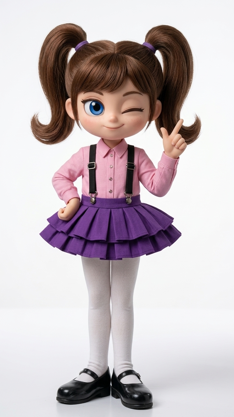 Full-body studio photograph preserving the exact pose, composition, and character design of the reference image. Shot with an 85mm lens under soft, diffused studio lighting against a clean white backdrop. Features realistic textures throughout, including woven cotton fabric on the pink collared shirt, crisp pleating on the purple suspender skirt, fine knit texture on the white tights, and a subtle glossy sheen on the black leather shoes. Natural hair strands define the brown pigtails, complemented by lifelike skin textures, realistic iris depth in the open blue eye, soft shadows, and a clean depth of field.